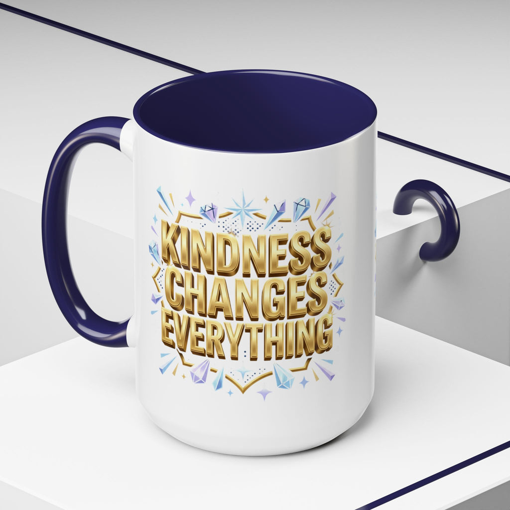 Inspirational ceramic accent coffee mug featuring “Kindness Changes Everything” in elegant gold script with sparkles and colorful accent handle and interior.