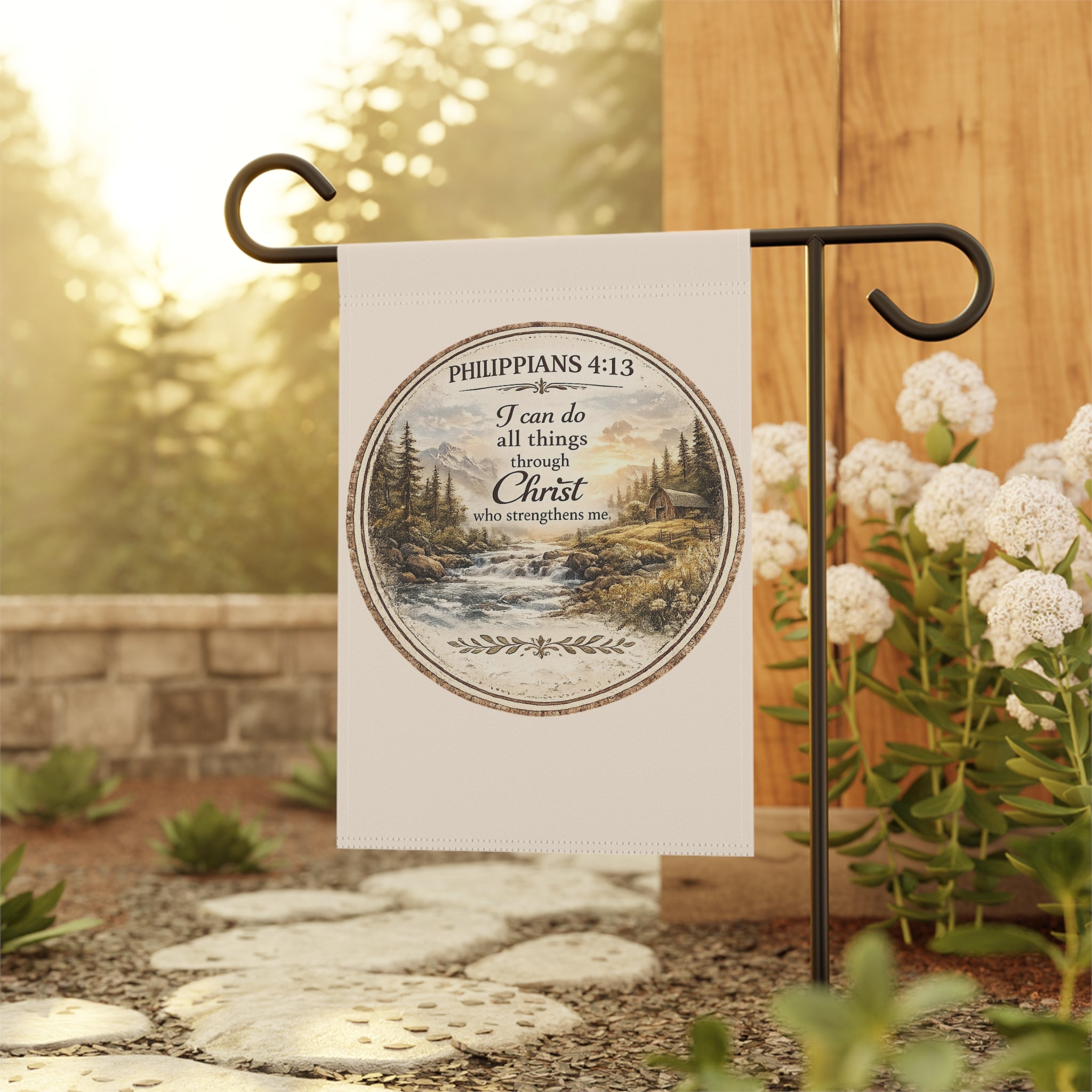 Christian garden flag featuring Philippians 4:13 with a mountain stream, pine trees, and sunrise landscape in a rustic farmhouse-style outdoor banner.