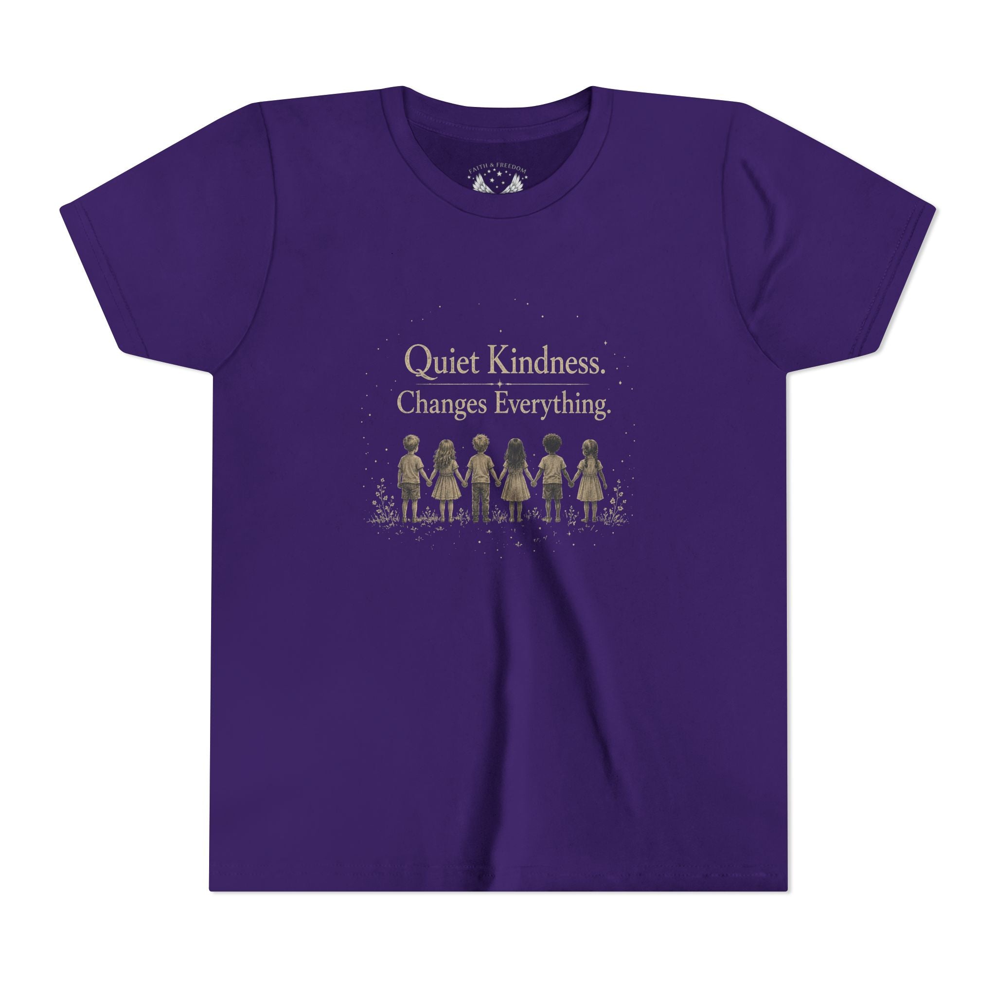 Youth “Quiet Kindness Changes Everything” Tee – Kids Inspirational T-Shirt with Earth & Friends Graphic