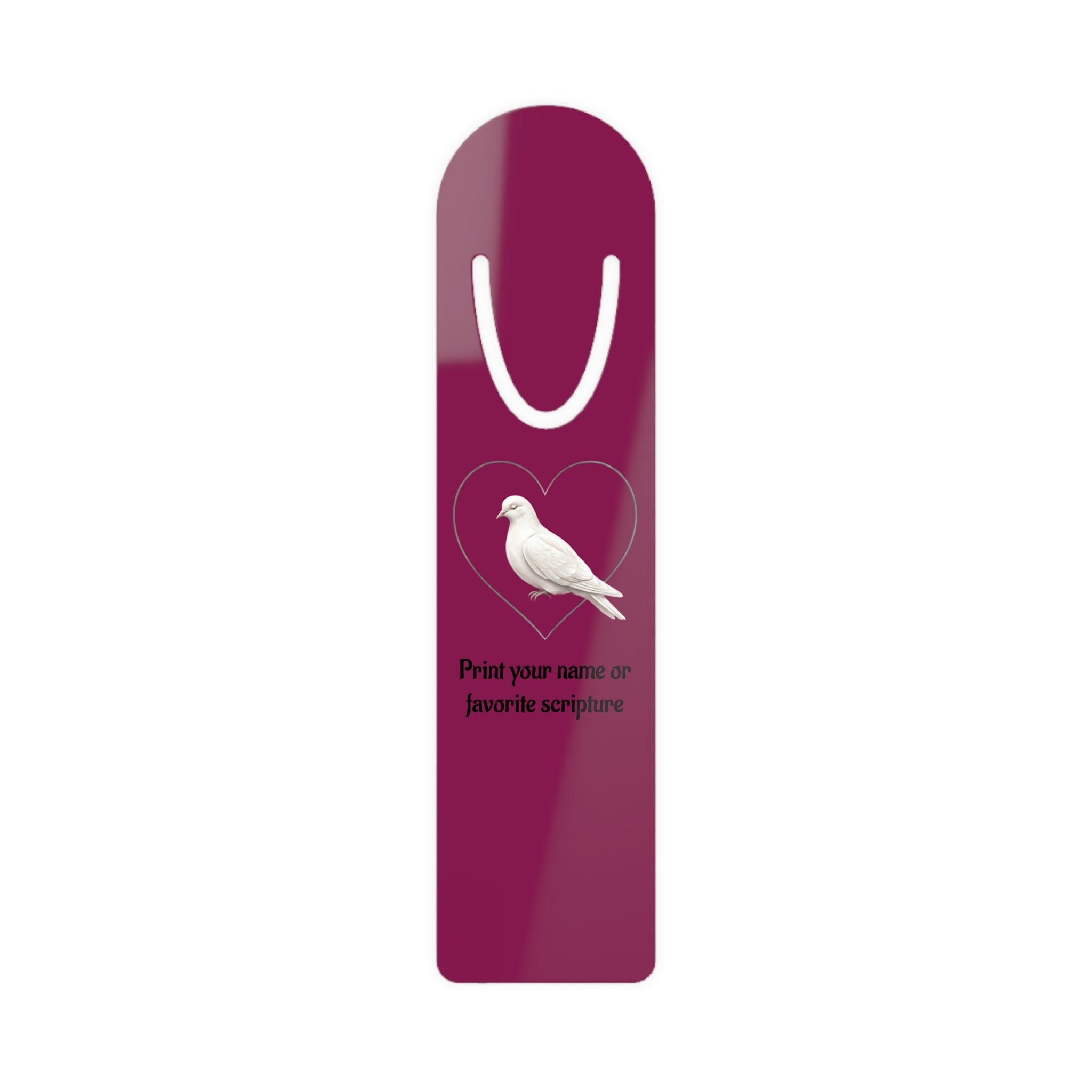 Personalized aluminum bookmark featuring a dove inside a heart design with custom name option, vibrant artwork, brushed metal backing, and secure page-holding slot for books, journals, and devotionals.