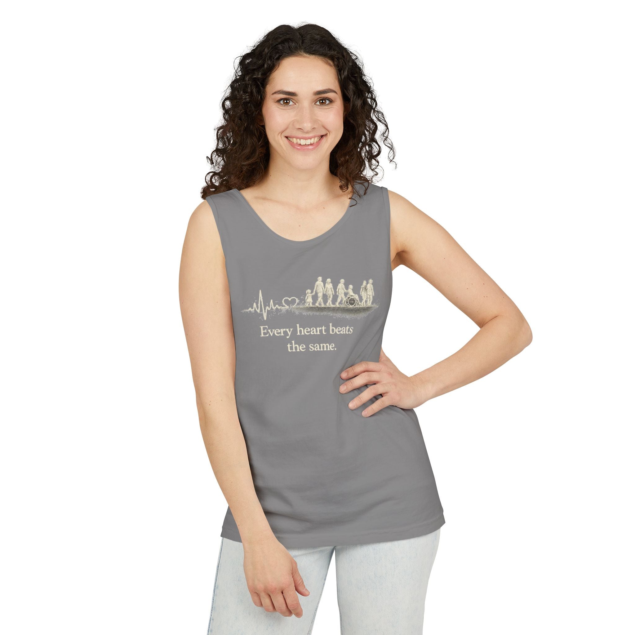 “Every Heart Beats the Same” Vintage Surf Tank Top – Garment-Dyed Coastal Unity Tank