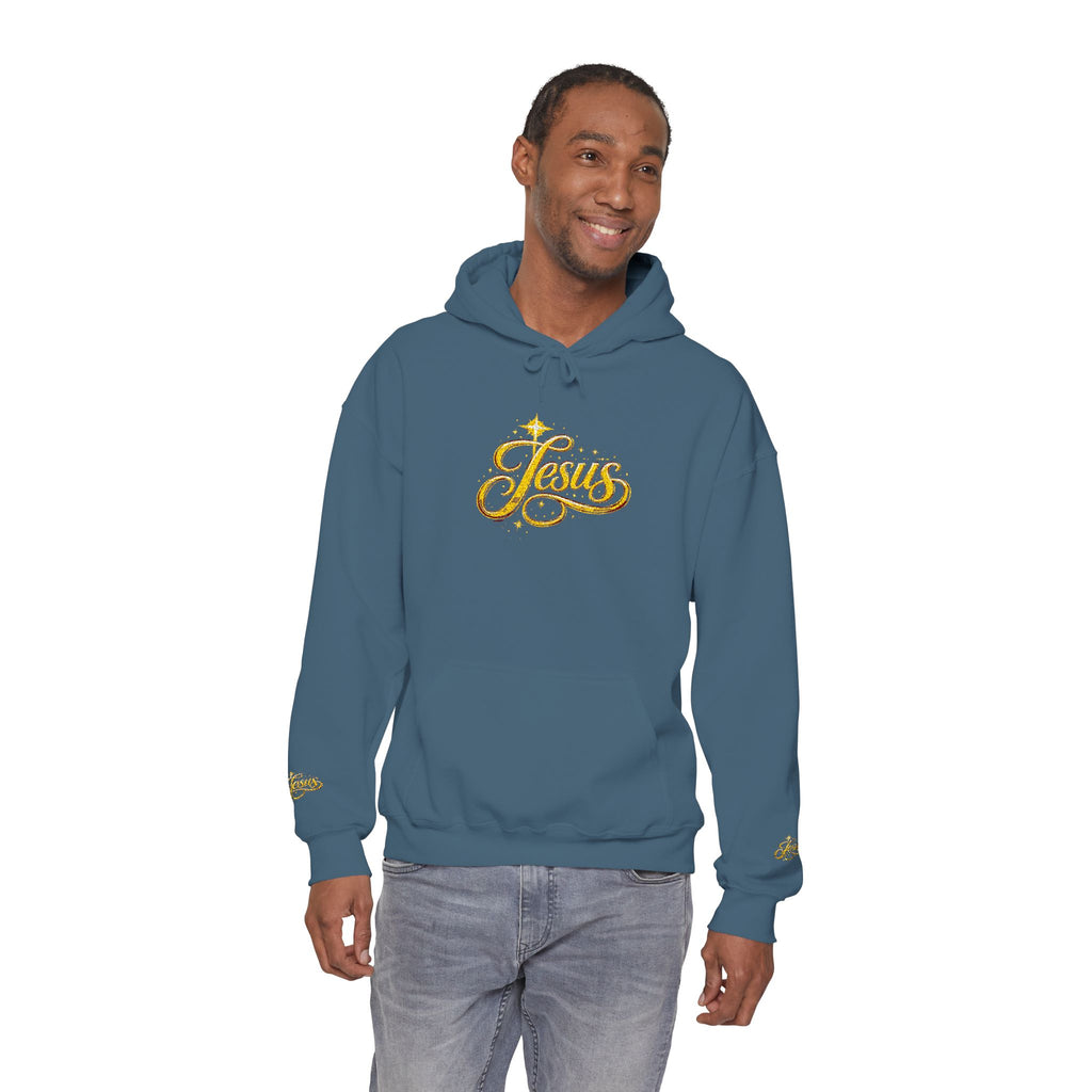 Jesus Gold Script Hoodie – Sparkle Christian Faith Pullover | Inspirational Hoodie