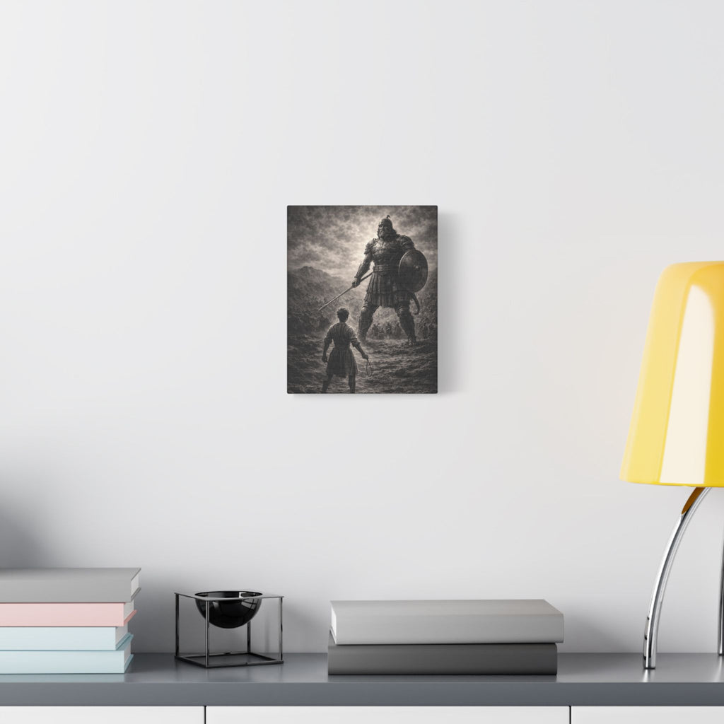 David vs Goliath Canvas — Monochrome Biblical Battle Wall Art