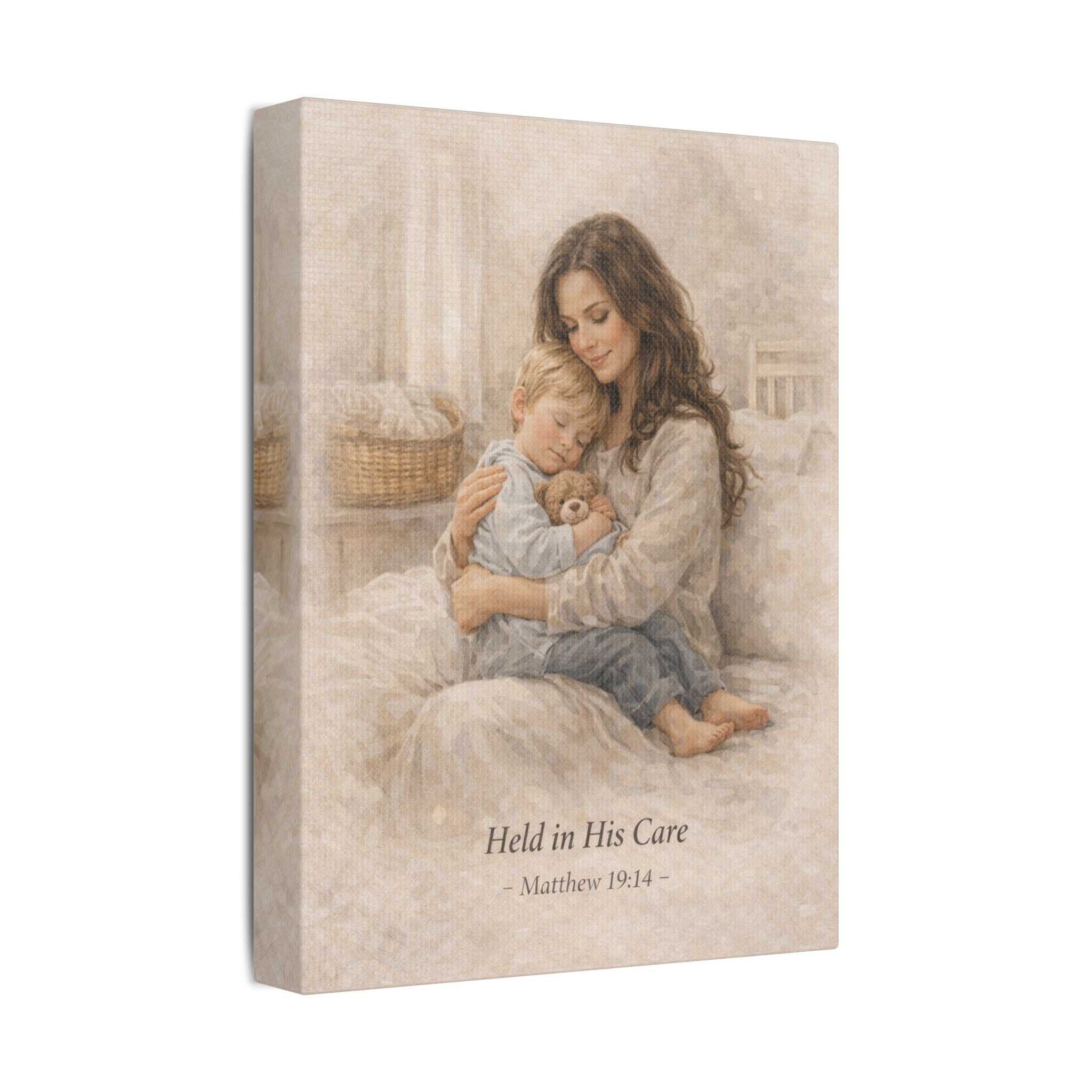 Held in His Care Canvas Wall Art – Matthew 19:14 Mother & Child
