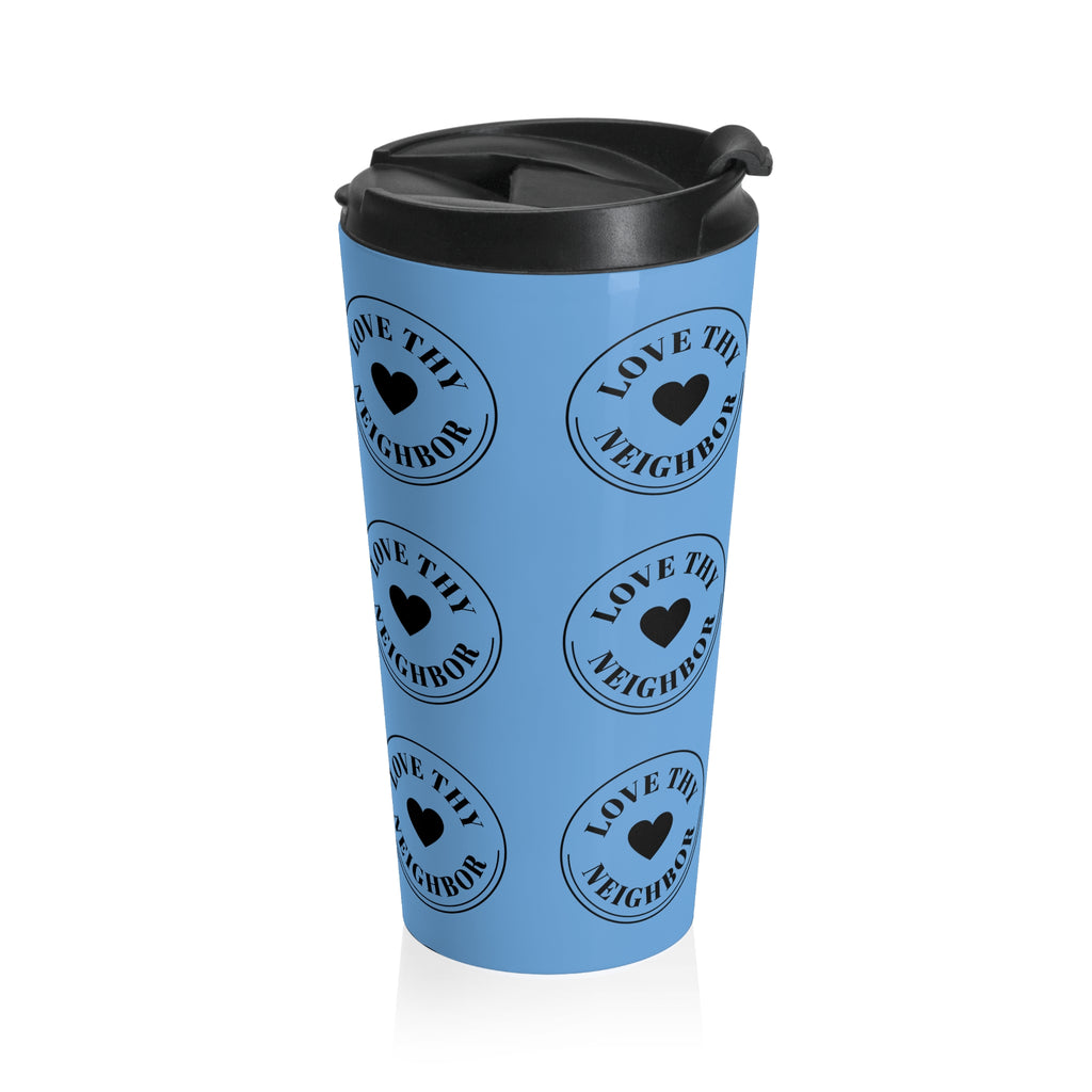 Blue insulated stainless steel travel mug featuring repeating "Love Thy Neighbor" heart emblems with a leak-resistant flip-top lid and 15 oz vacuum-insulated design.