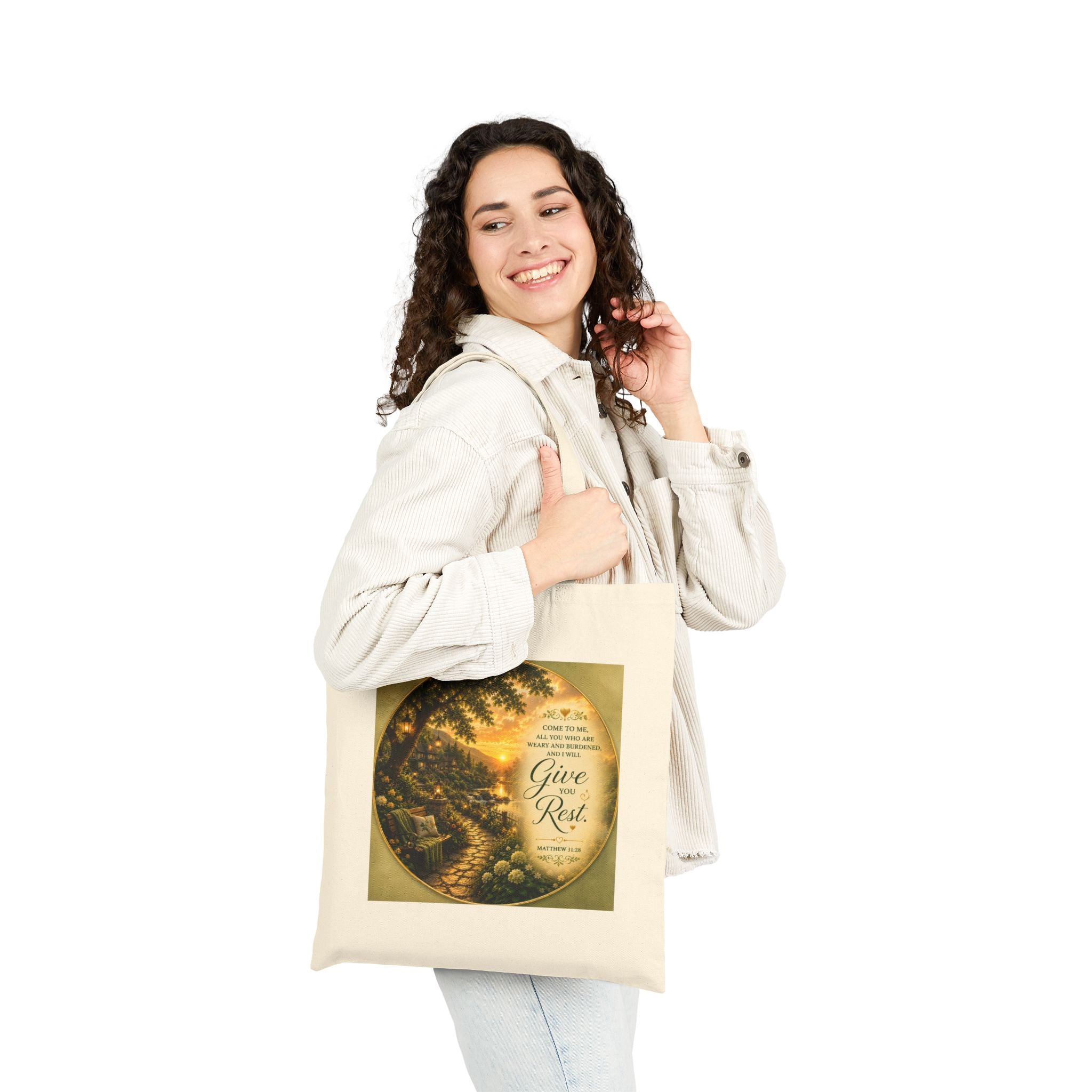 Christian cotton canvas tote bag featuring Matthew 11:28, “Come to Me, all you who are weary and burdened, and I will give you rest,” with peaceful garden pathway, glowing lanterns, riverside cottages, blooming flowers, and sunset artwork.