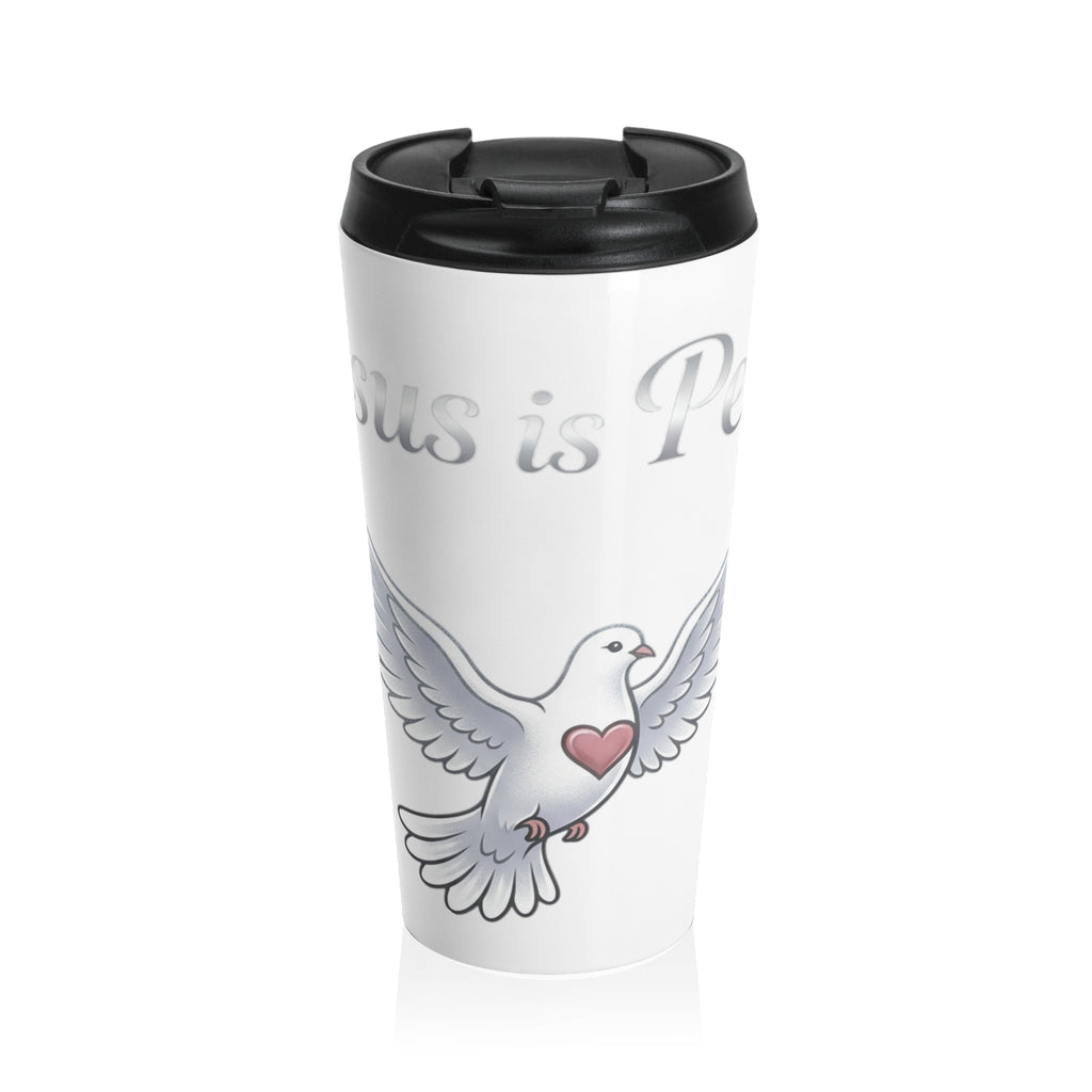 White stainless steel insulated travel mug featuring a hand-drawn white dove with a small heart and the words "Jesus Is Peace," complete with a black flip-top lid.