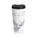 White stainless steel insulated travel mug featuring a hand-drawn white dove with a small heart and the words "Jesus Is Peace," complete with a black flip-top lid.
