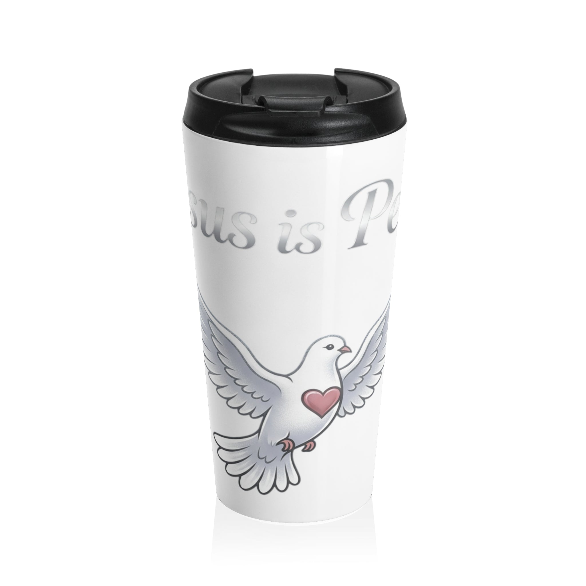 White stainless steel insulated travel mug featuring a hand-drawn white dove with a small heart and the words "Jesus Is Peace," complete with a black flip-top lid.