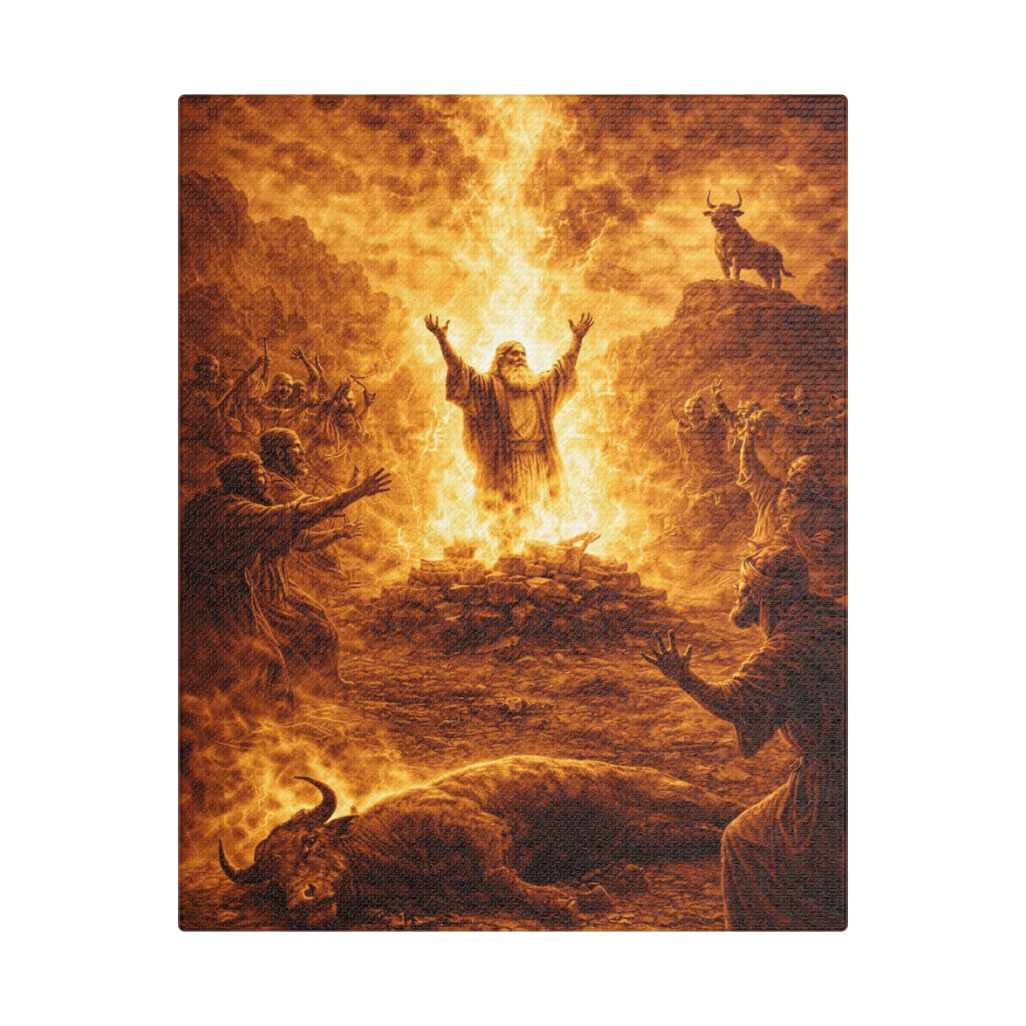 Revival Satin Canvas Wall Art — "Elijah Calls Down Fire" Stretched Spiritual Print