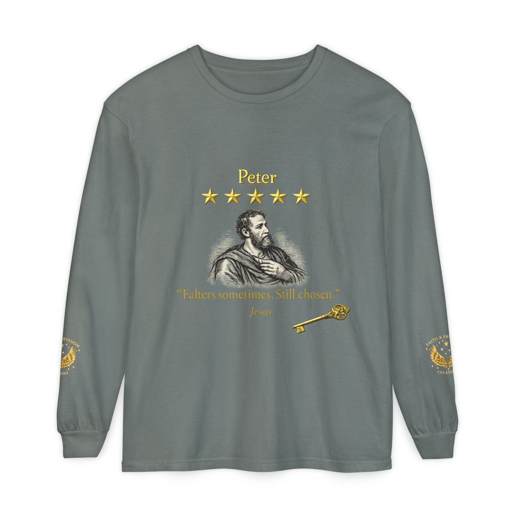 Peter Scripture Long Sleeve T-Shirt — "Falters sometimes. Still chosen." Review by Jesus