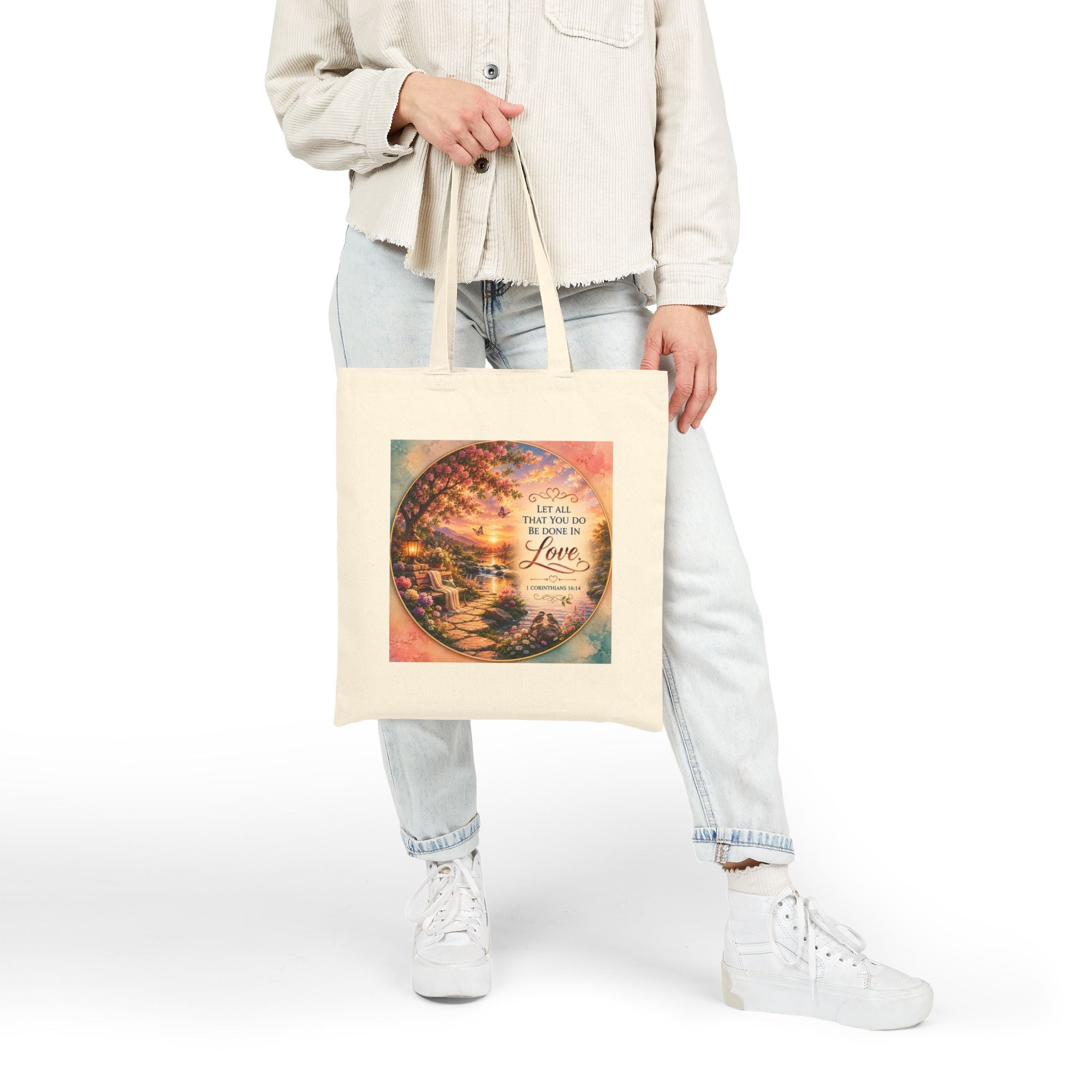Let All That You Do Be Done in Love Tote Bag | 1 Corinthians 16:14 Christian Canvas Tote