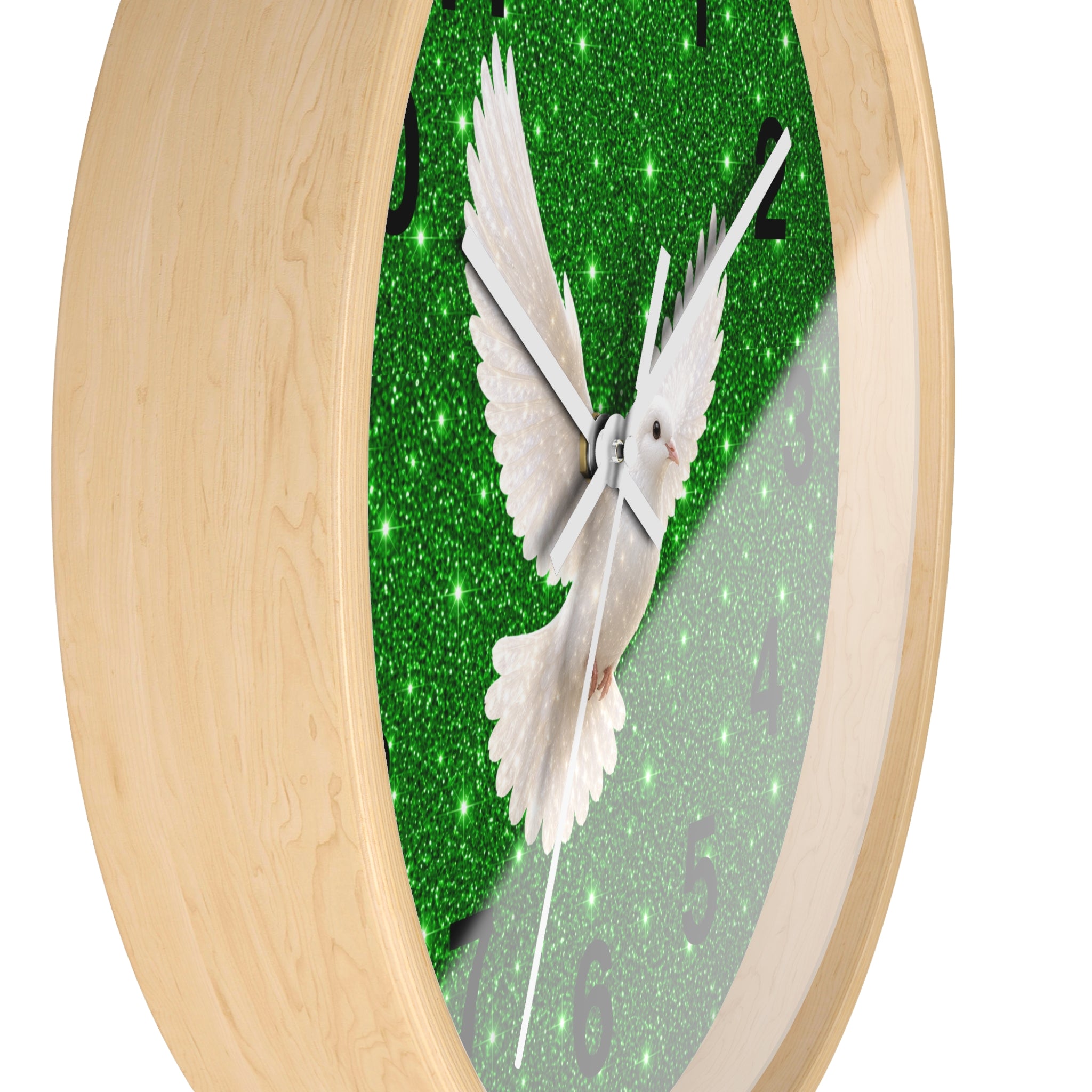 Peace Dove Wall Clock | Green Sparkle Christian Wall Decor | Silent White Dove Clock