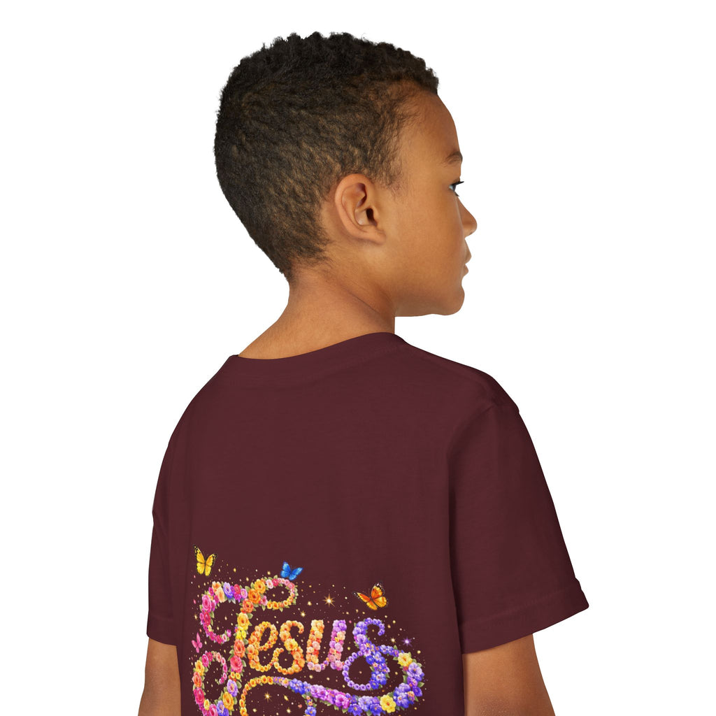 Youth Jesus Floral Script T-Shirt – Butterfly Christian Kids Tee | Faith Youth Shirt