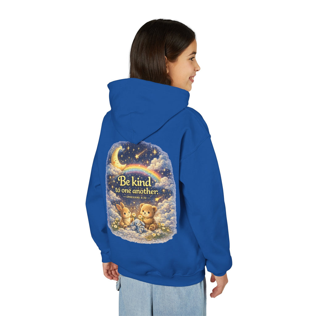 Youth “Be Kind to One Another” Hoodie – Cute Bunny Night Sky Scripture Sweatshirt