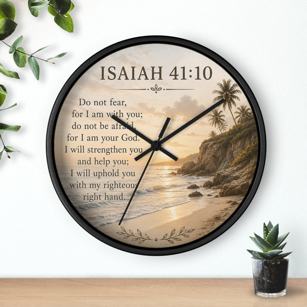 Inspirational Christian wall clock featuring Isaiah 41:10 scripture with faith-centered artwork and silent movement for peaceful home décor.