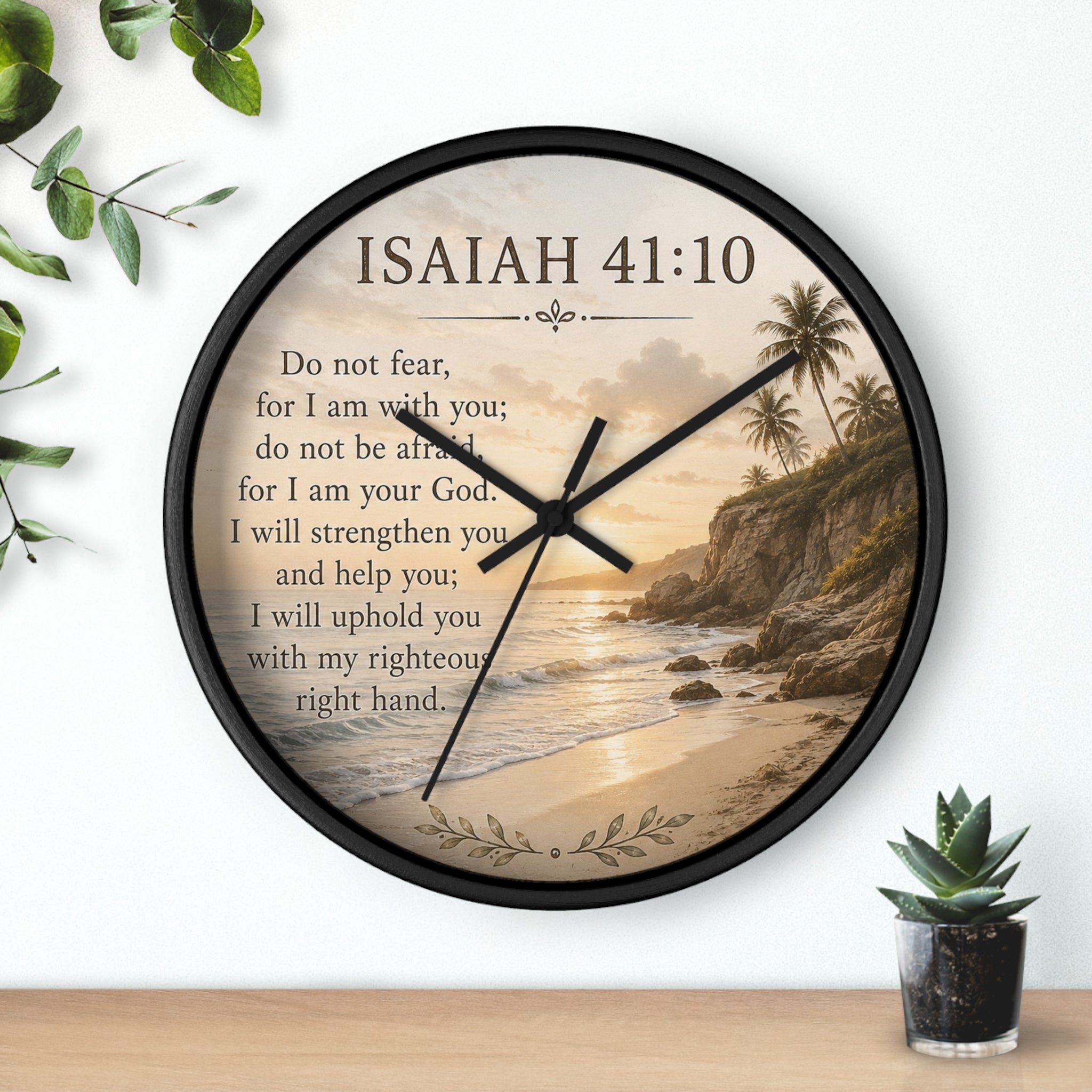 Inspirational Christian wall clock featuring Isaiah 41:10 scripture with faith-centered artwork and silent movement for peaceful home décor.