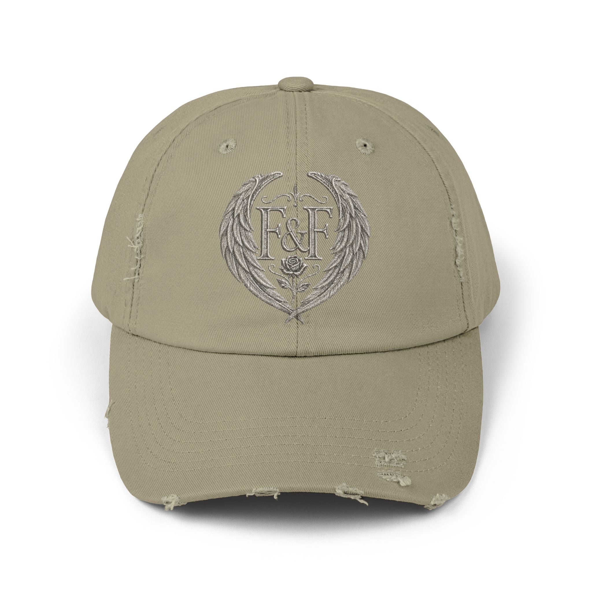Distressed black Christian cap featuring the Faith & Freedom wing crest logo with feathered wings and vintage washed low-profile styling.