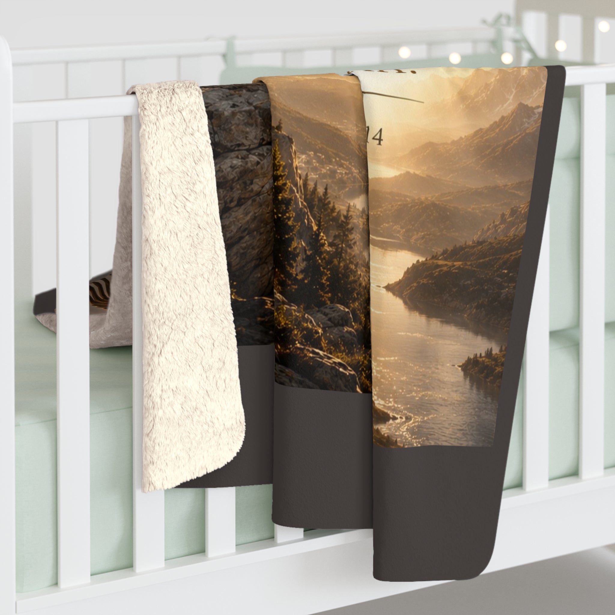 Inspirational Christian sherpa fleece blanket featuring a soaring eagle, golden river landscape, and Psalm 27:14 scripture about hoping in Jehovah.