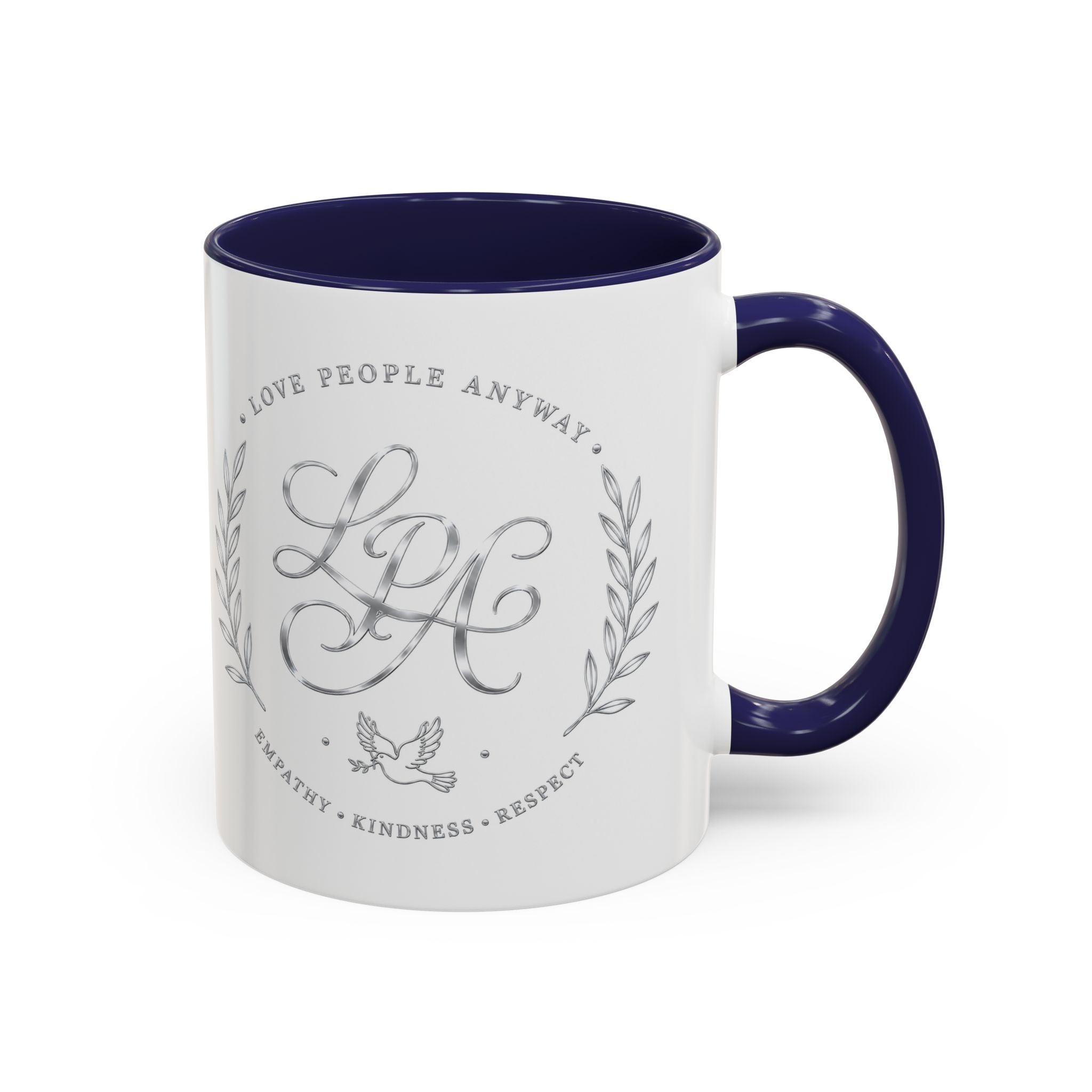 Love People Anyway Silver Accent Coffee Mug | Inspirational Monogram Mug | Faith Freedom Creations