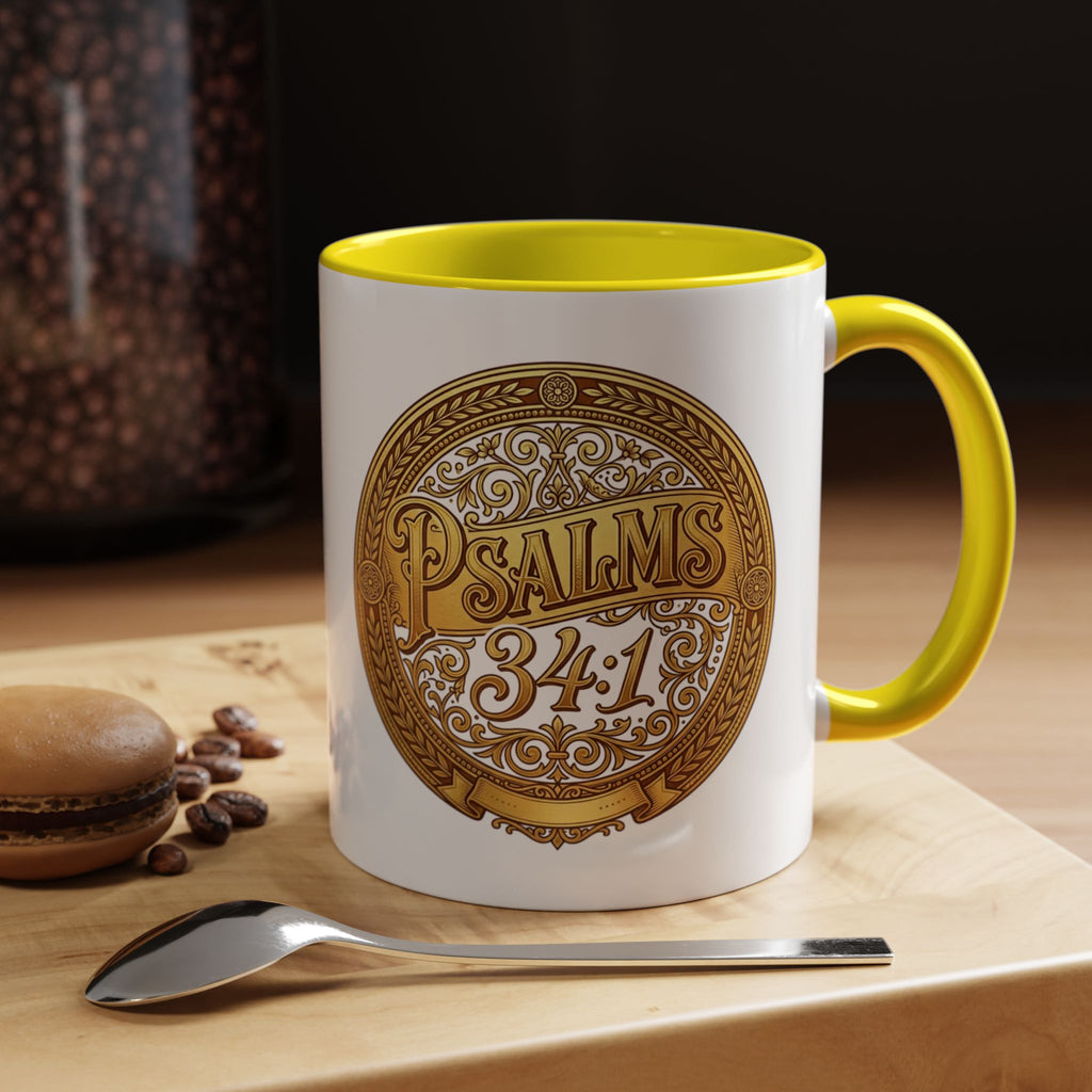 Inspirational Christian ceramic accent coffee mug featuring Psalm 34:1 in an ornate gold medallion design with colorful handle and interior accents.