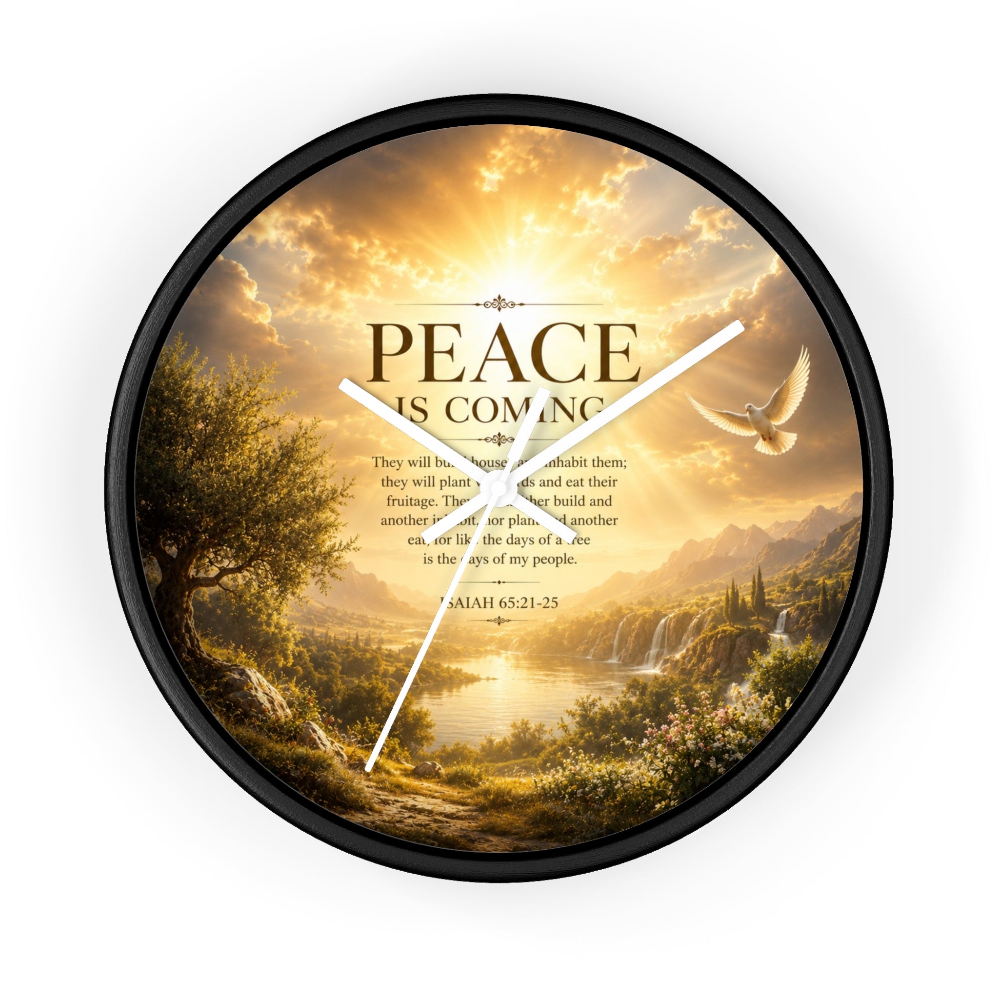 Peace Is Coming Wall Clock | Inspirational Christian Dove Decor | Silent Sunrise Quote Clock