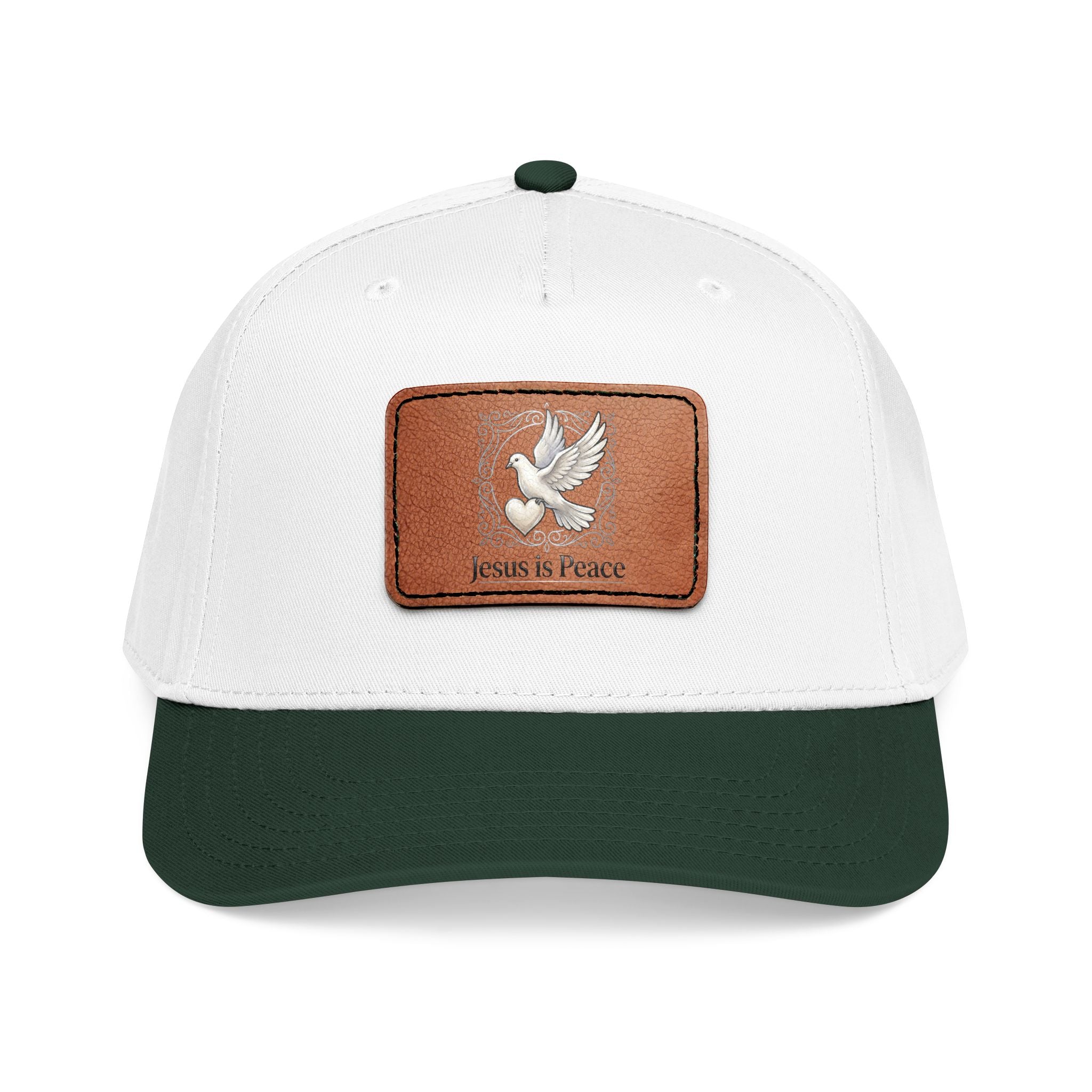 White and Green Christian baseball cap featuring a brown leather patch with a white dove carrying a heart and the words "Jesus Is Peace."