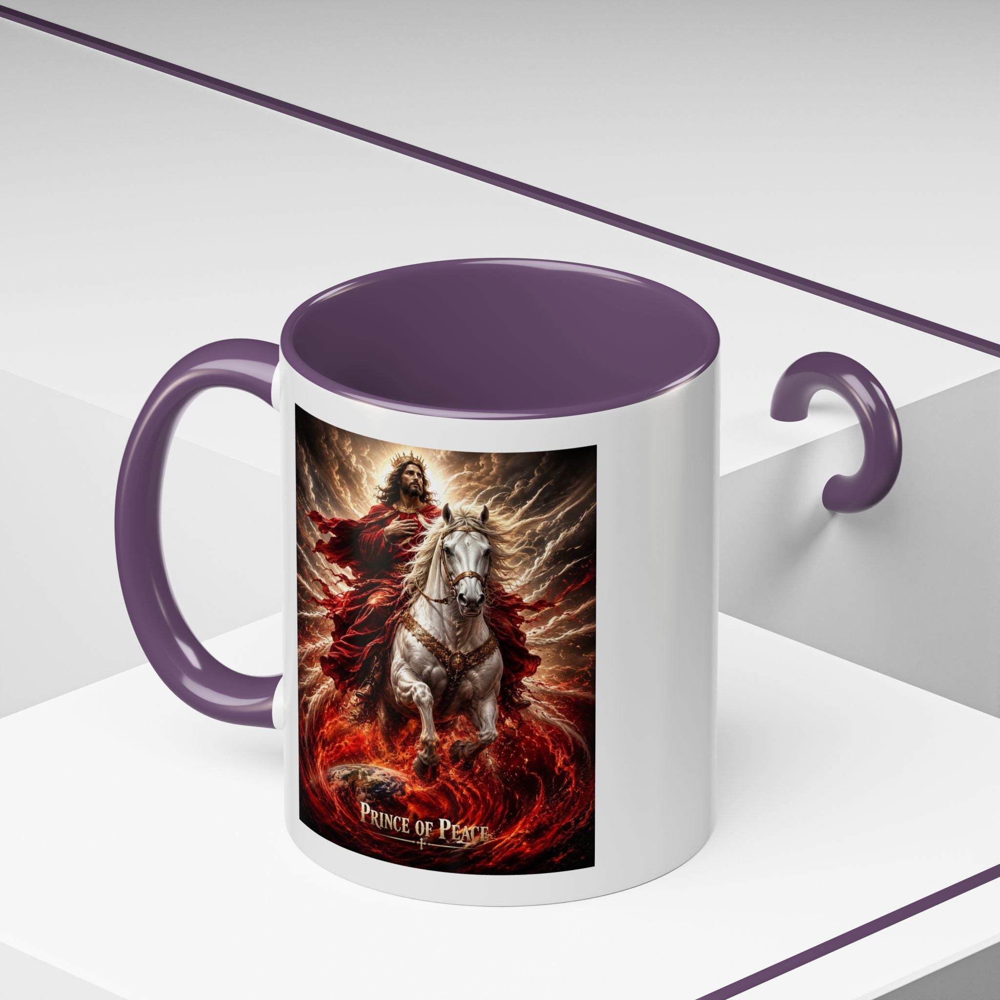 Inspirational Christian coffee mug featuring Jesus riding a white horse surrounded by radiant heavenly light with Prince of Peace artwork and colorful accent handle and interior.