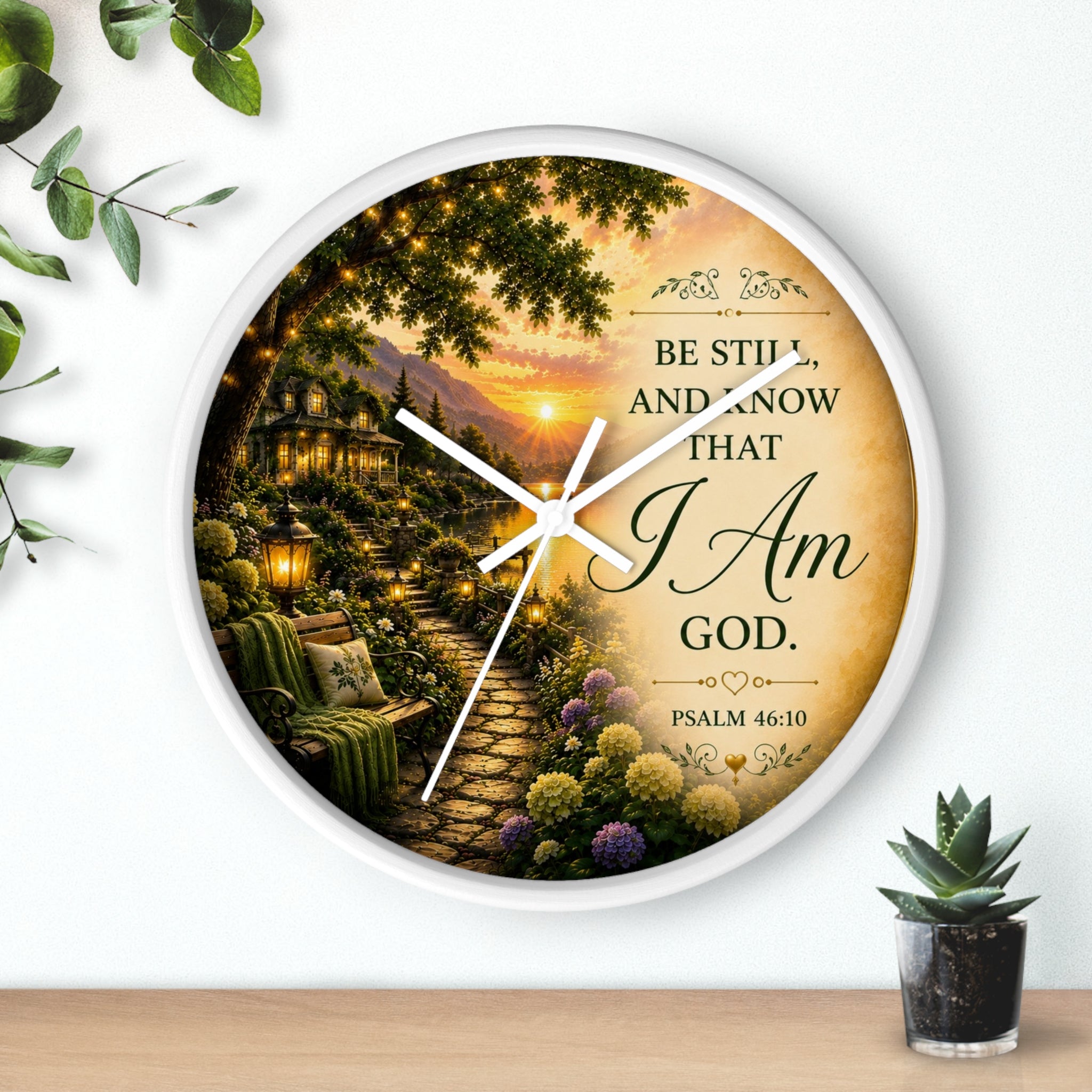 Inspirational Christian wall clock featuring a peaceful sunset garden scene with Psalm 46:10 scripture “Be Still and Know That I Am God” in warm glowing tones.