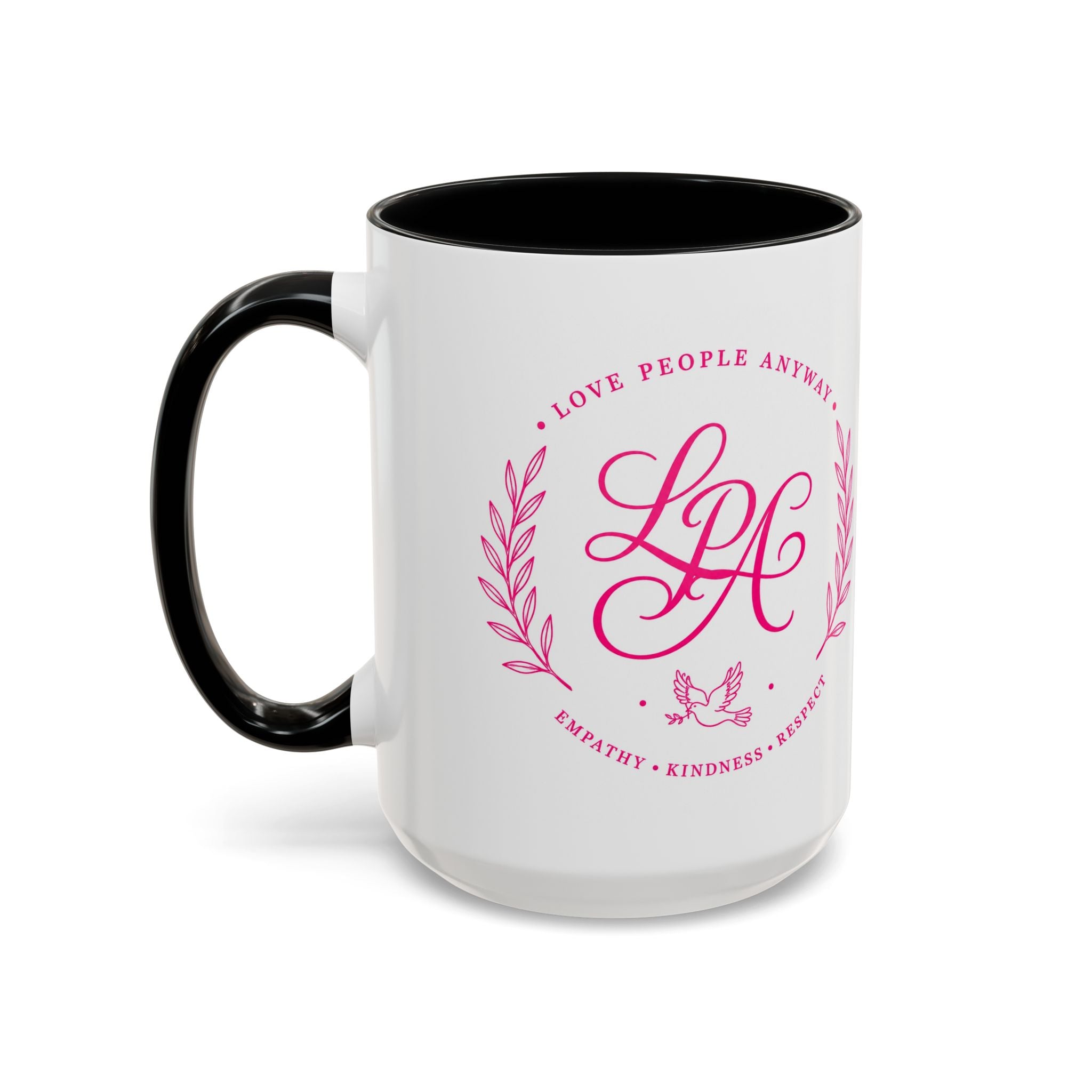 Love People Anyway Coffee Mug | Inspirational Pink Monogram Mug | Faith Freedom Creations
