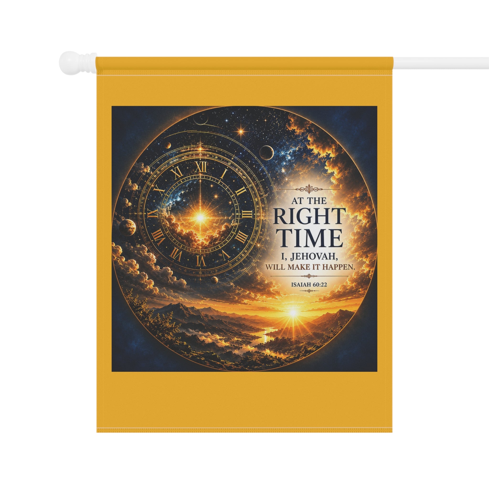 At the Right Time Garden Flag | Inspirational Bible Verse Banner | Celestial Sunrise Outdoor Decor