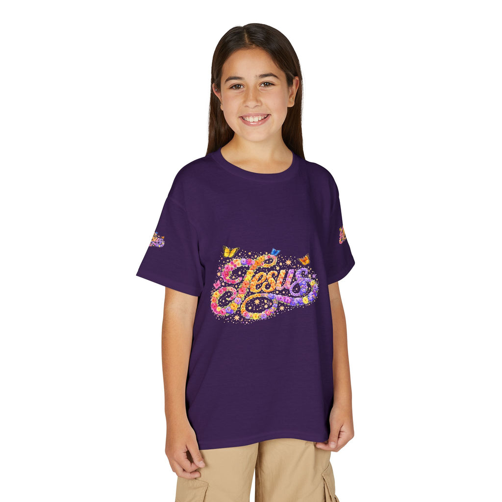 Youth Jesus Floral Butterfly T-Shirt – Christian Kids Faith Tee | Gratitude Sneaker Style Shirt