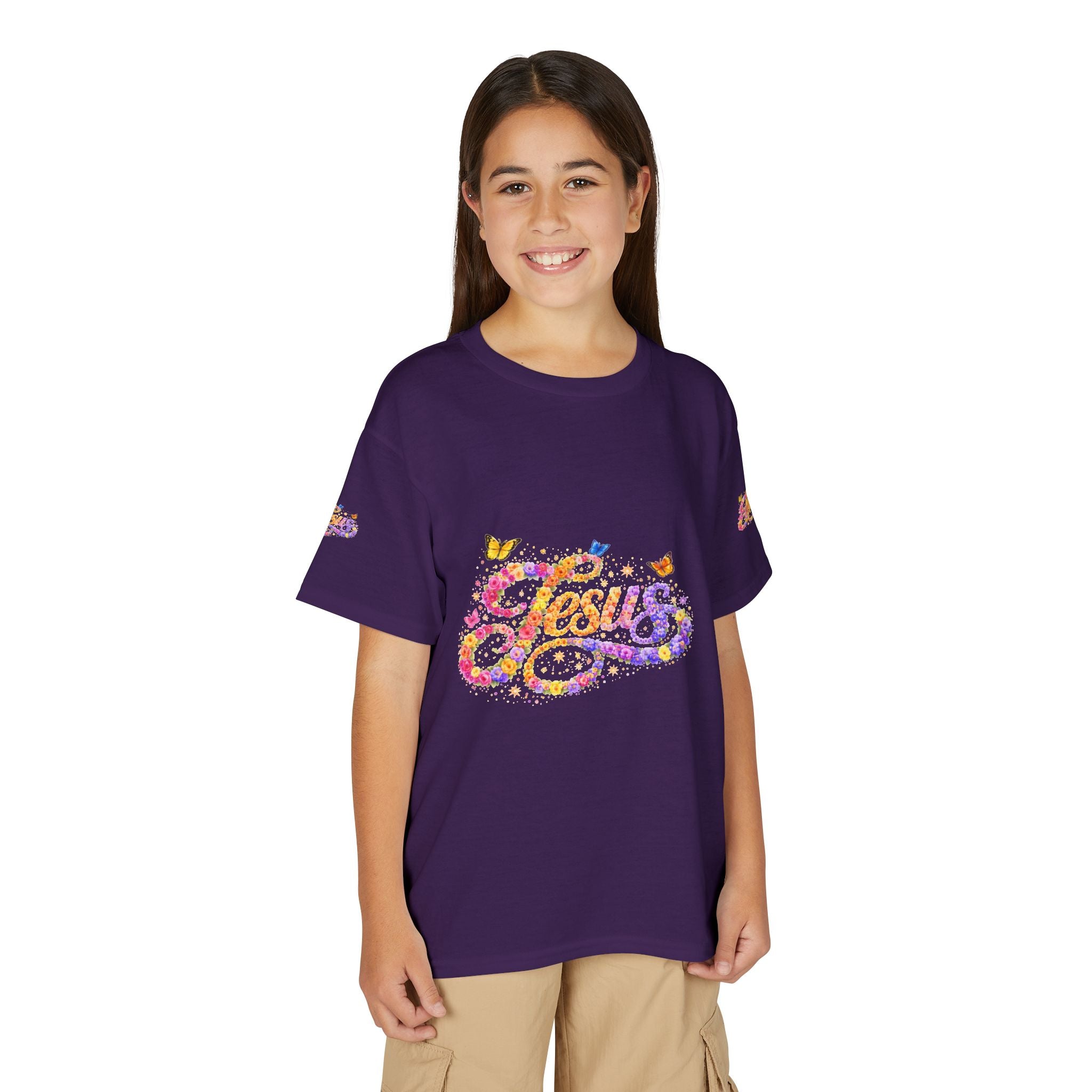 Youth Jesus Floral Butterfly T-Shirt – Christian Kids Faith Tee | Gratitude Sneaker Style Shirt