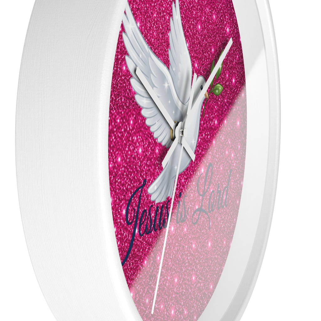 Jesus Is Lord Wall Clock | Pink Glitter Dove Christian Wall Decor | Silent Faith Clock