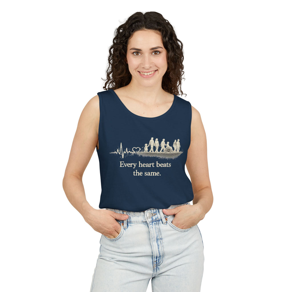 “Every Heart Beats the Same” Vintage Surf Tank Top – Garment-Dyed Coastal Unity Tank