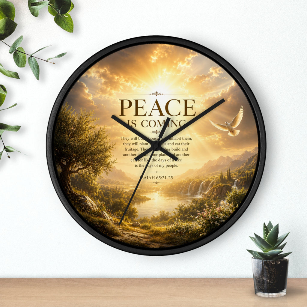 Add warmth and encouragement to your home with the Peace Is Coming Wall Clock featuring a peaceful sunrise, dove imagery, silent movement, and inspirational Christian quote decor