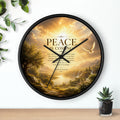 Add warmth and encouragement to your home with the Peace Is Coming Wall Clock featuring a peaceful sunrise, dove imagery, silent movement, and inspirational Christian quote decor