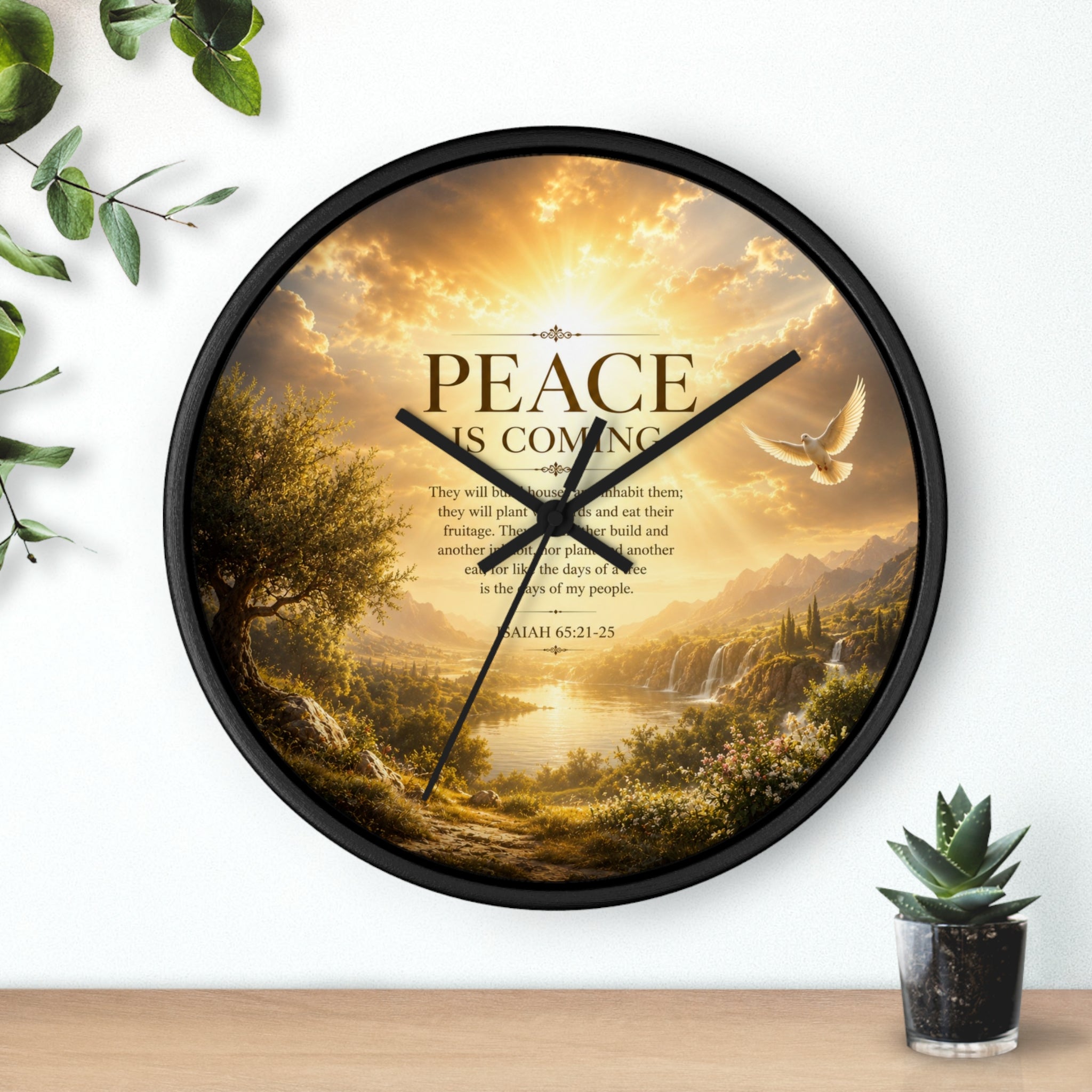 Add warmth and encouragement to your home with the Peace Is Coming Wall Clock featuring a peaceful sunrise, dove imagery, silent movement, and inspirational Christian quote decor