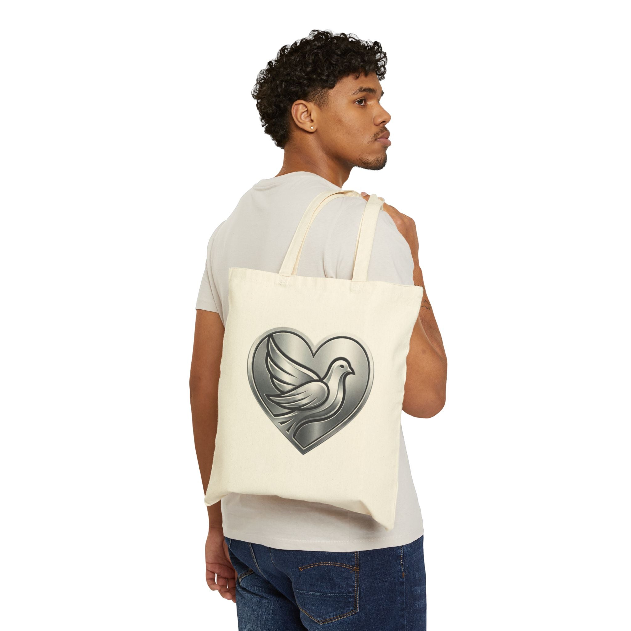 Silver Dove Heart Tote Bag | Peace & Love Canvas Tote | Inspirational Christian Tote