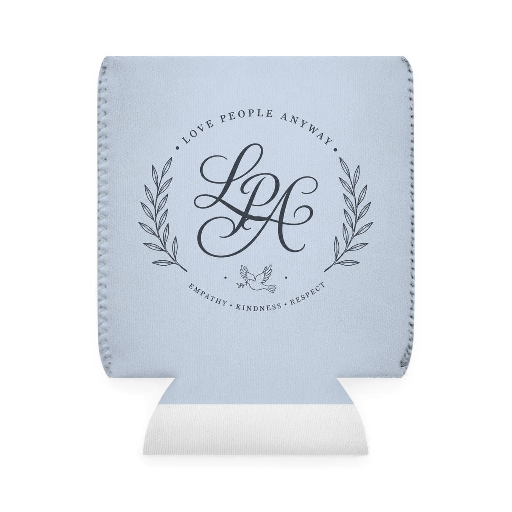 Sky-blue neoprene can cooler featuring elegant "Love People Anyway" script on one side and an LPA monogram on the reverse, designed to fit standard 12 oz beverage cans.