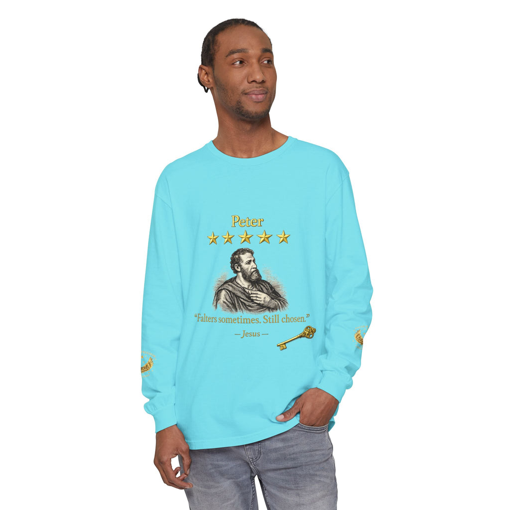 Peter Scripture Long Sleeve T-Shirt — "Falters sometimes. Still chosen." Review by Jesus