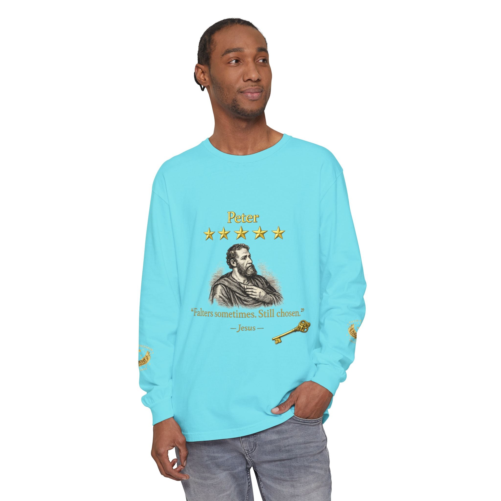 Peter Scripture Long Sleeve T-Shirt — "Falters sometimes. Still chosen." Review by Jesus