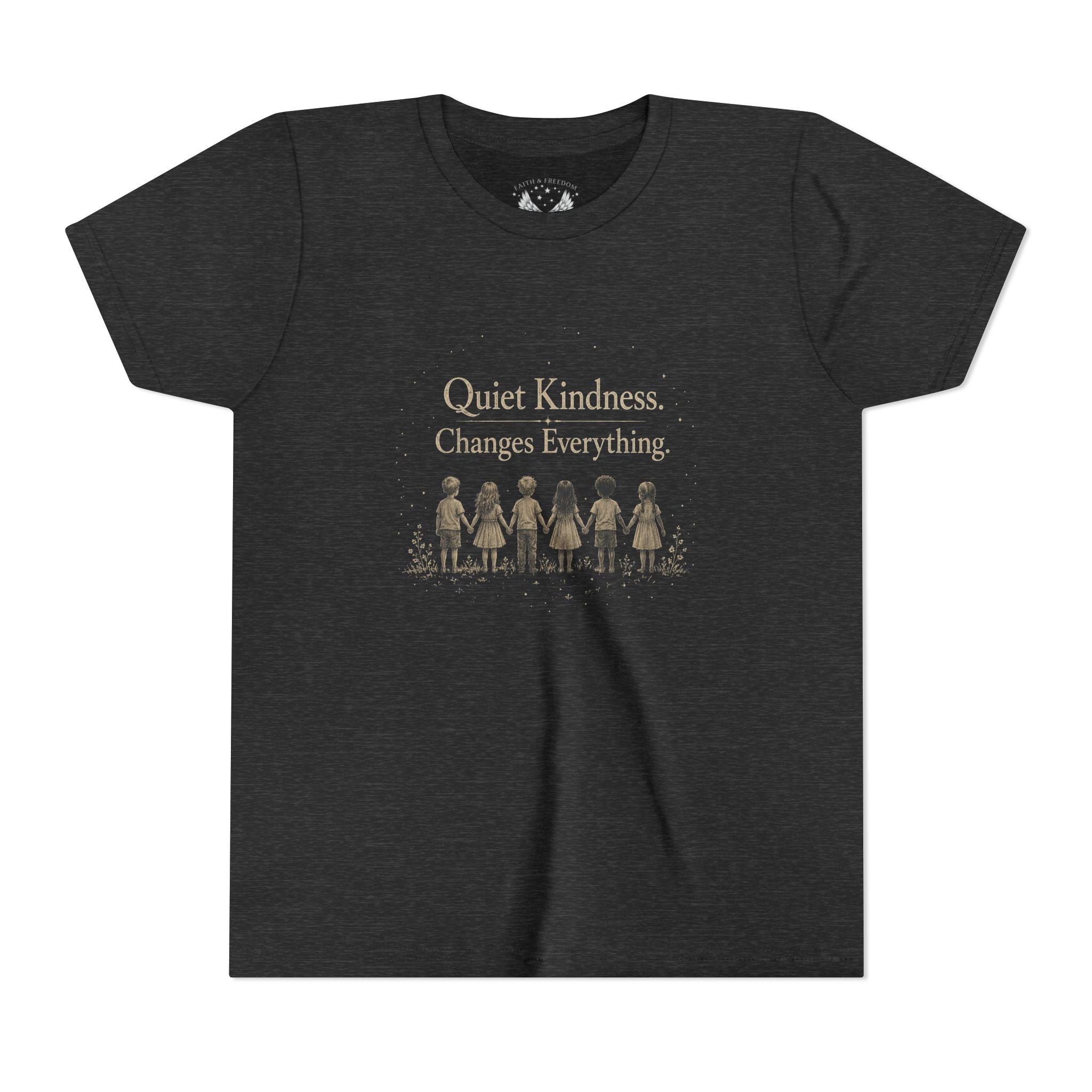 Youth “Quiet Kindness Changes Everything” Tee – Kids Inspirational T-Shirt with Earth & Friends Graphic