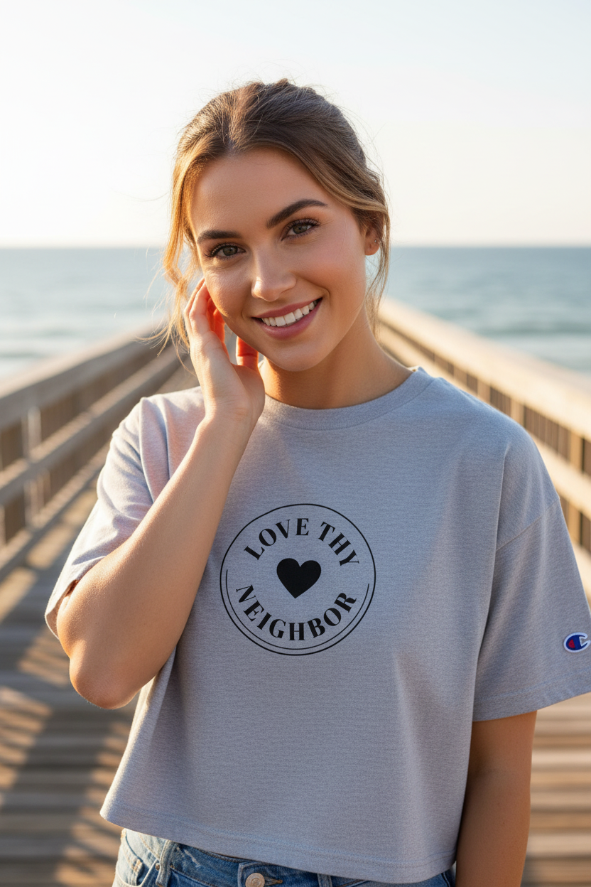 A woman smiling on a wooden boardwalk by the ocean, wearing a light gray cropped t-shirt with a black circular graphic that reads 'LOVE thy NEIGHBOR' with a heart in the center, and a small Champion logo on the sleeve.