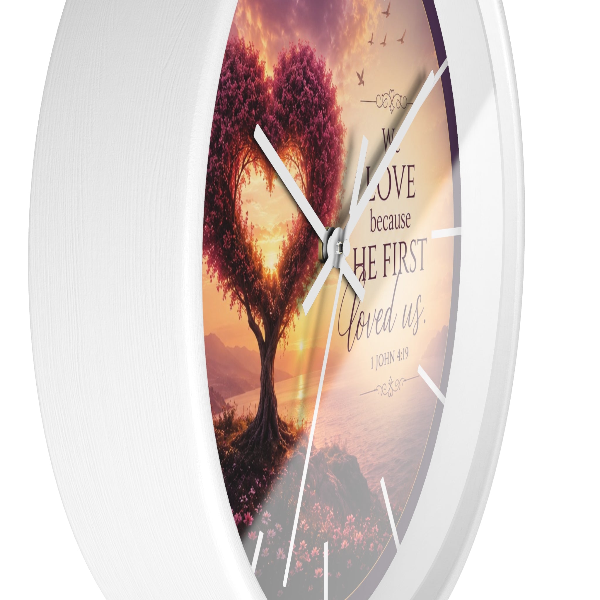 We Love Because He First Loved Us Wall Clock | Christian Heart Tree Decor | 1 John 4:19 Scripture Clock