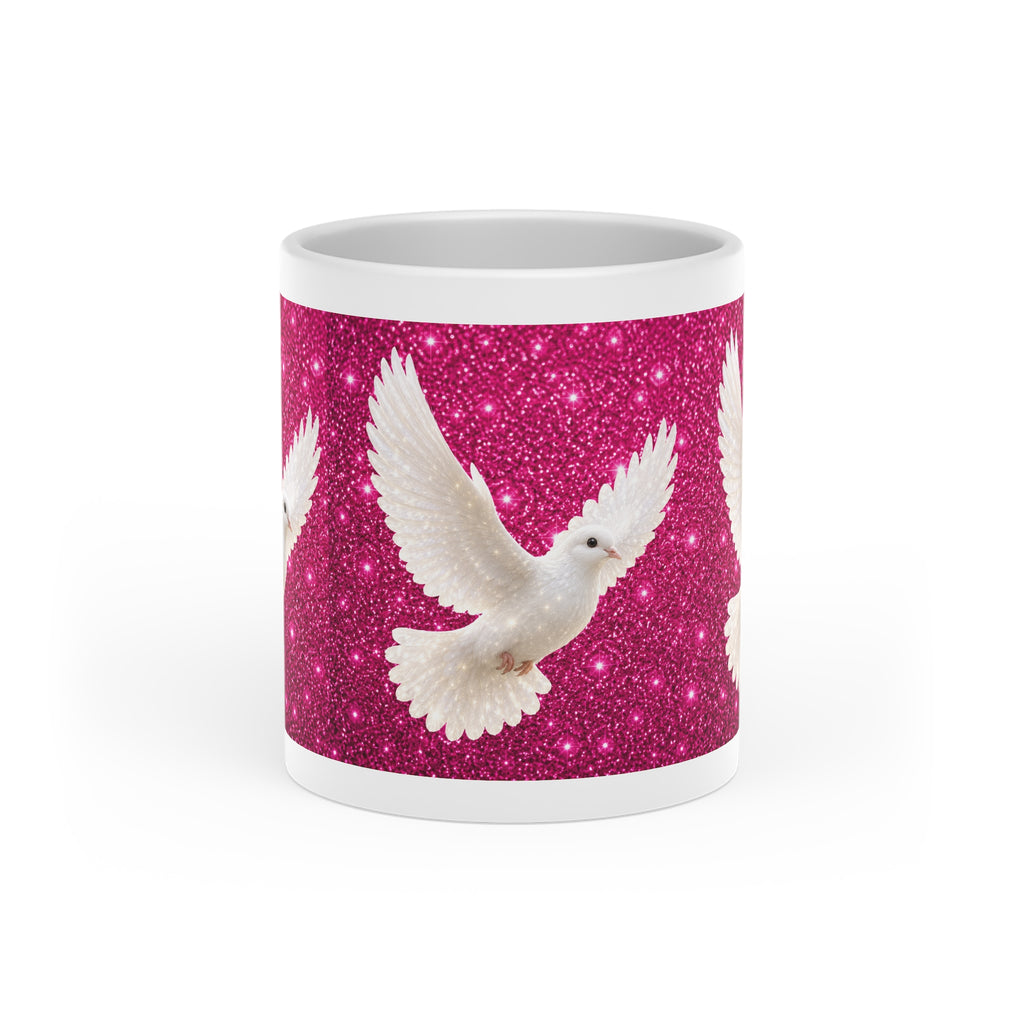 White ceramic heart-shaped handle mug featuring elegant white doves flying across a sparkling pink background with vibrant wraparound artwork.