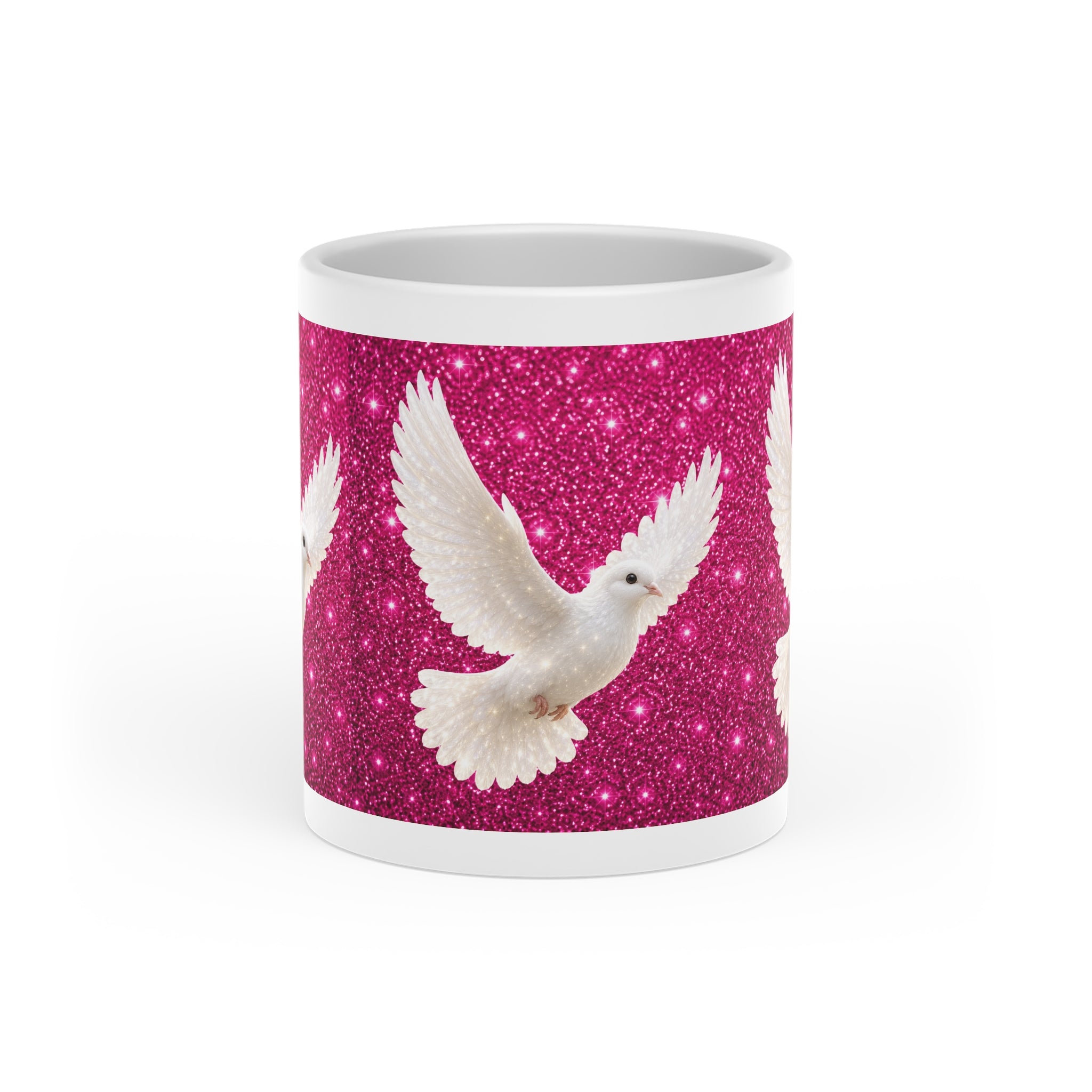White ceramic heart-shaped handle mug featuring elegant white doves flying across a sparkling pink background with vibrant wraparound artwork.