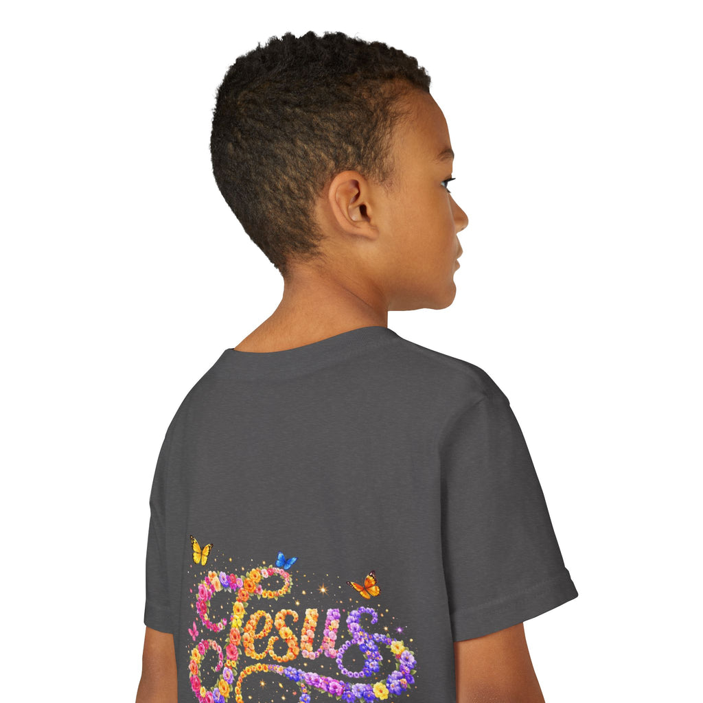 Youth Jesus Floral Script T-Shirt – Butterfly Christian Kids Tee | Faith Youth Shirt