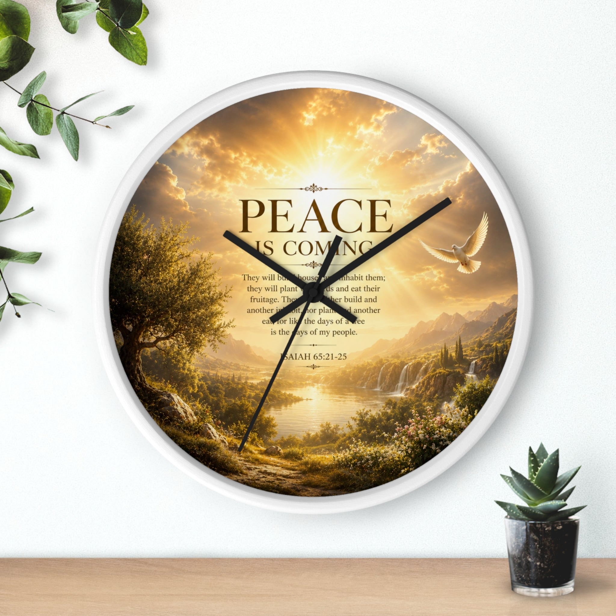 Inspirational Christian wall clock featuring a peaceful sunrise valley scene with a flying dove and the words “Peace Is Coming” in warm golden tones.