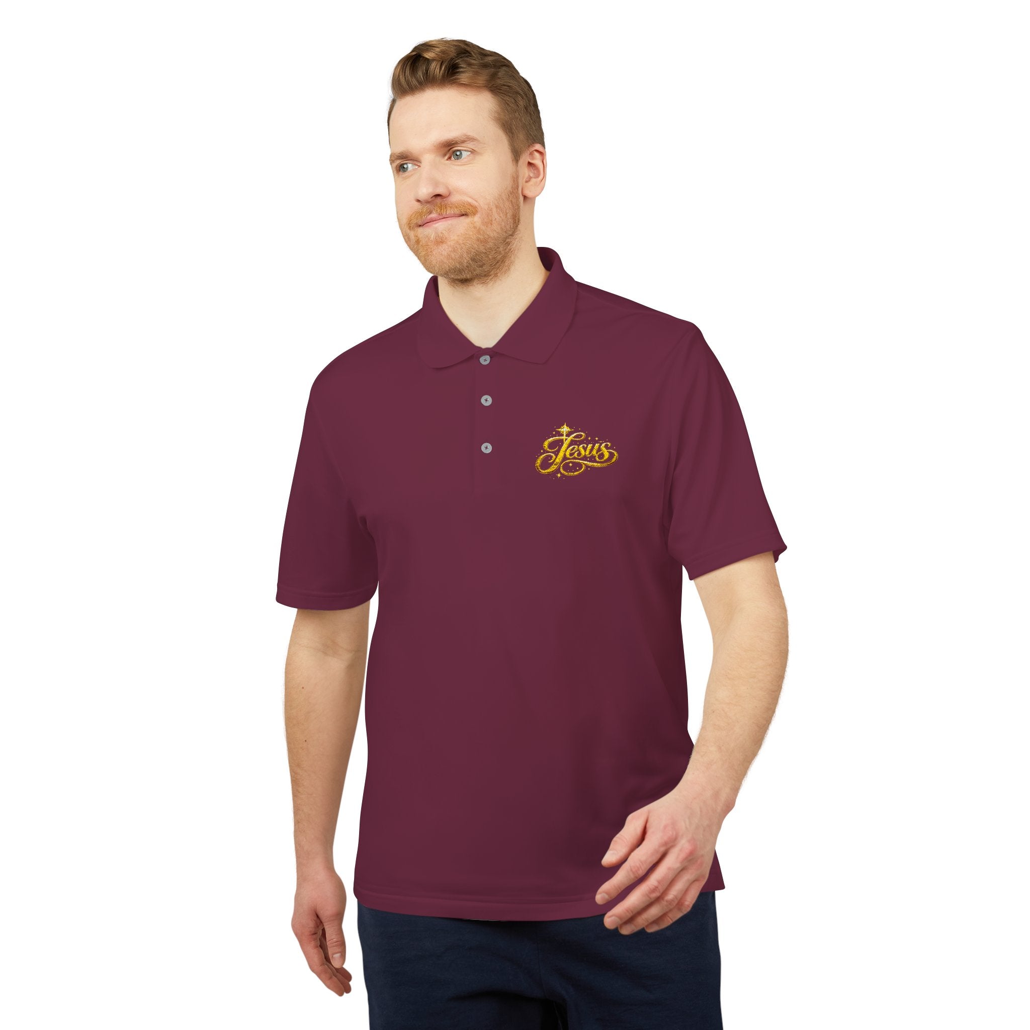 'Jesus' Script Embroidered Polo — Gold Faith Golf Shirt